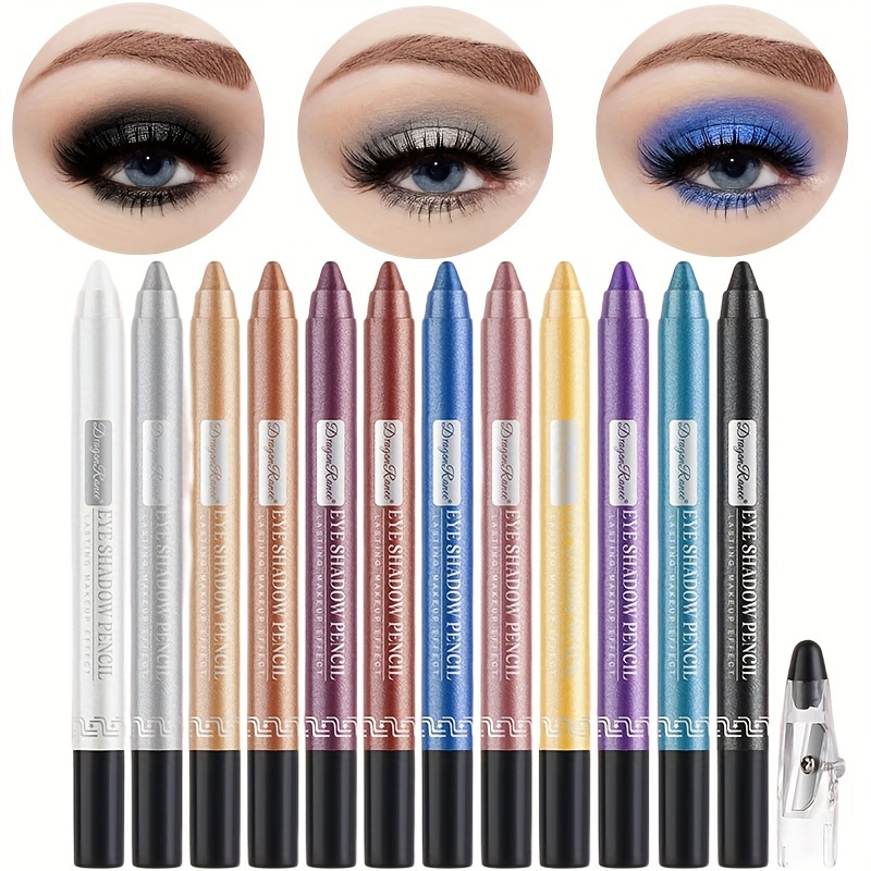 

12-color Pearly Eyeshadow, Blue Brown Gray And White Color Eyeliner And Eyeshadow, Long-lasting, Smooth Waterproof Eye Makeup Tool With Built-in Sharpener