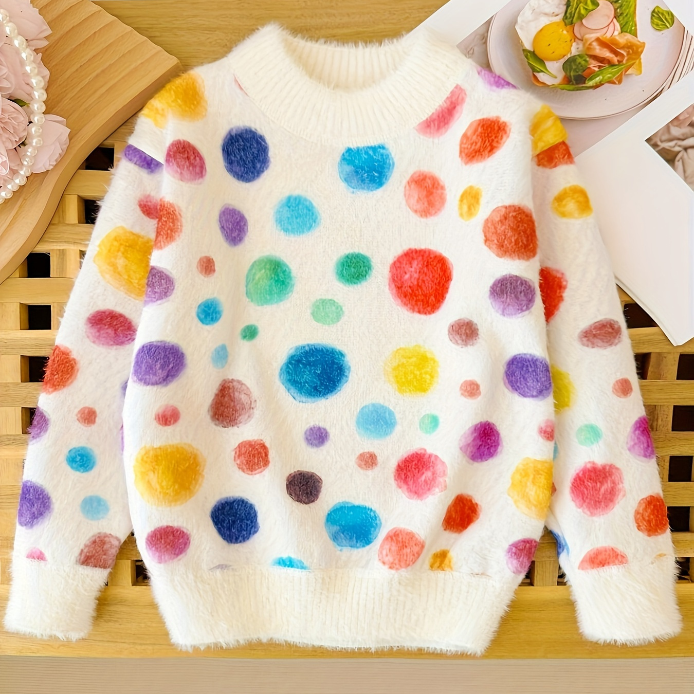 

Girls' Imitation Mink Fleece Colorful Dots Thick Warm Knit Sweater For Kids, Autumn Sweater