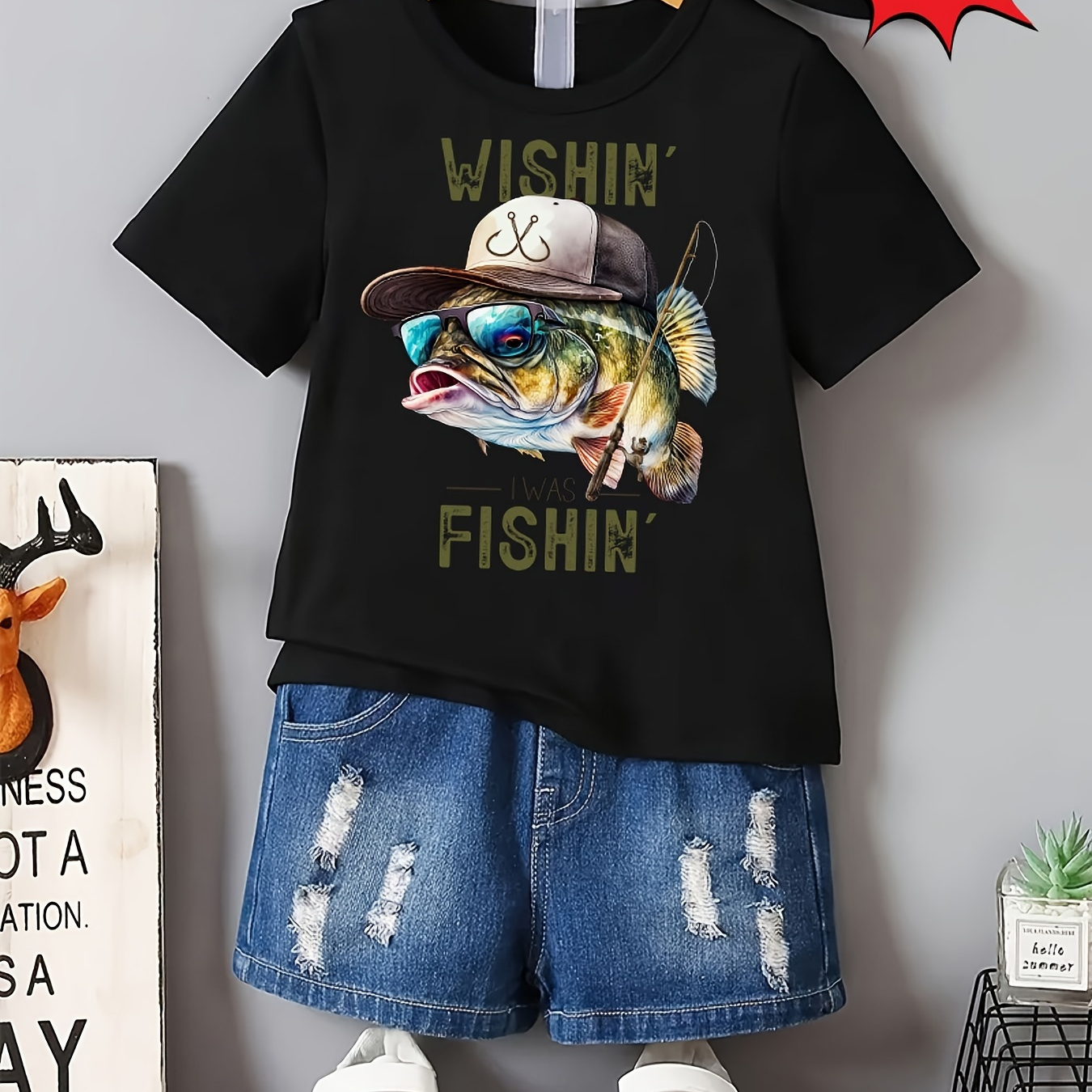 

Boy's Summer Casual Short Sleeve T-shirt - 'wishing Fishing...' Print Cool Comfy Crew Neck Tee Gift