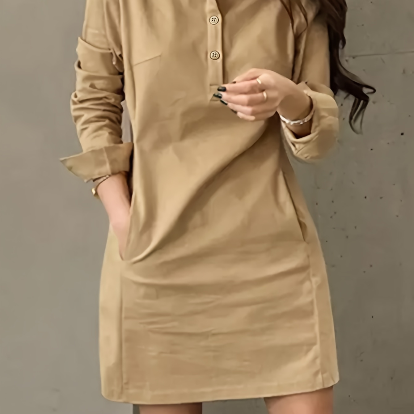 

1pc Robe Chemise Élégante pour Femme - Robe en Polyester de Couleur Unie à Manches Longues avec Col à et Boutons, Robe Tissé pour Printemps/Automne - Tendance et Polyvalente