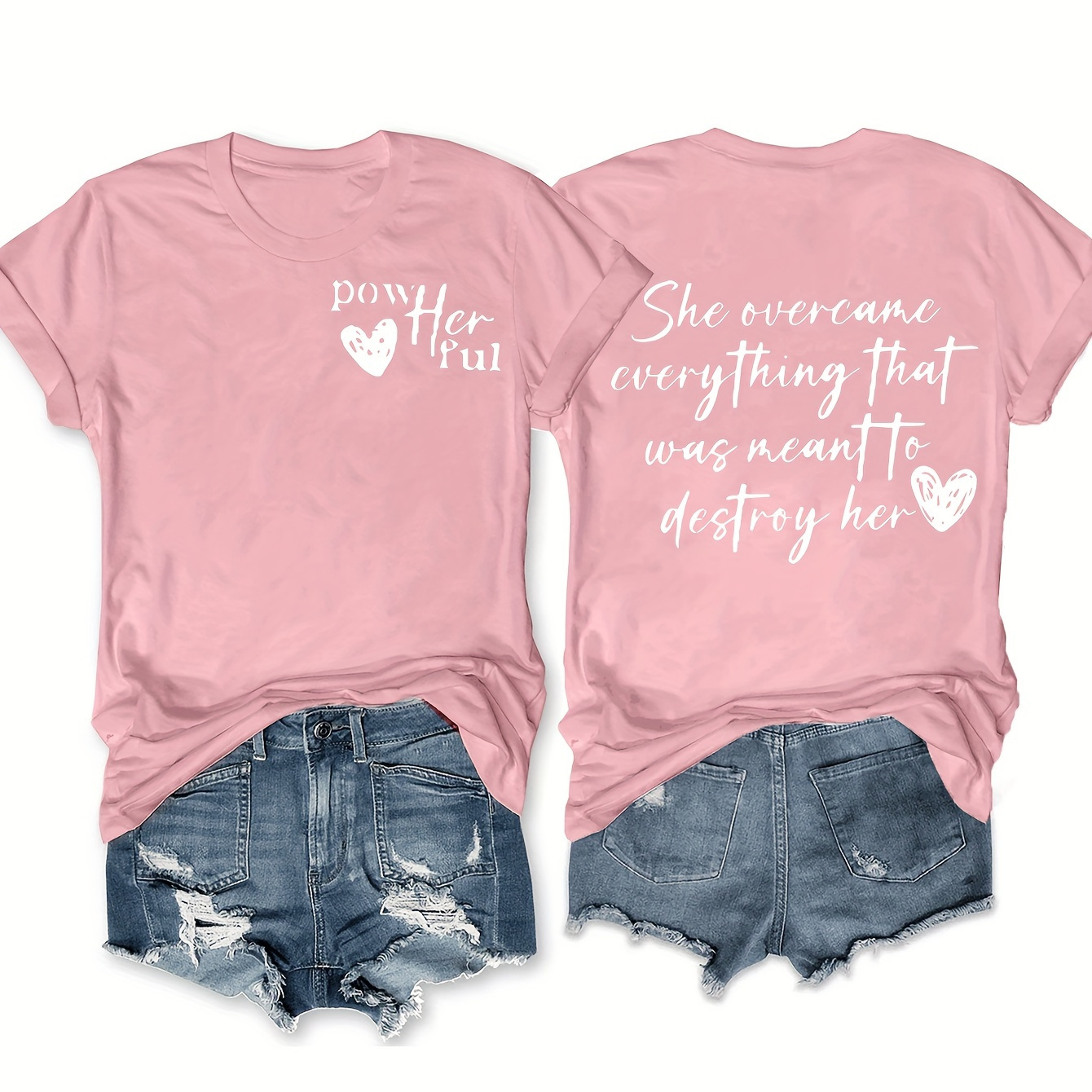 

Heart & Letter Print T-shirt, Short Sleeve Crew Neck Casual Top, Summer And Spring, Women