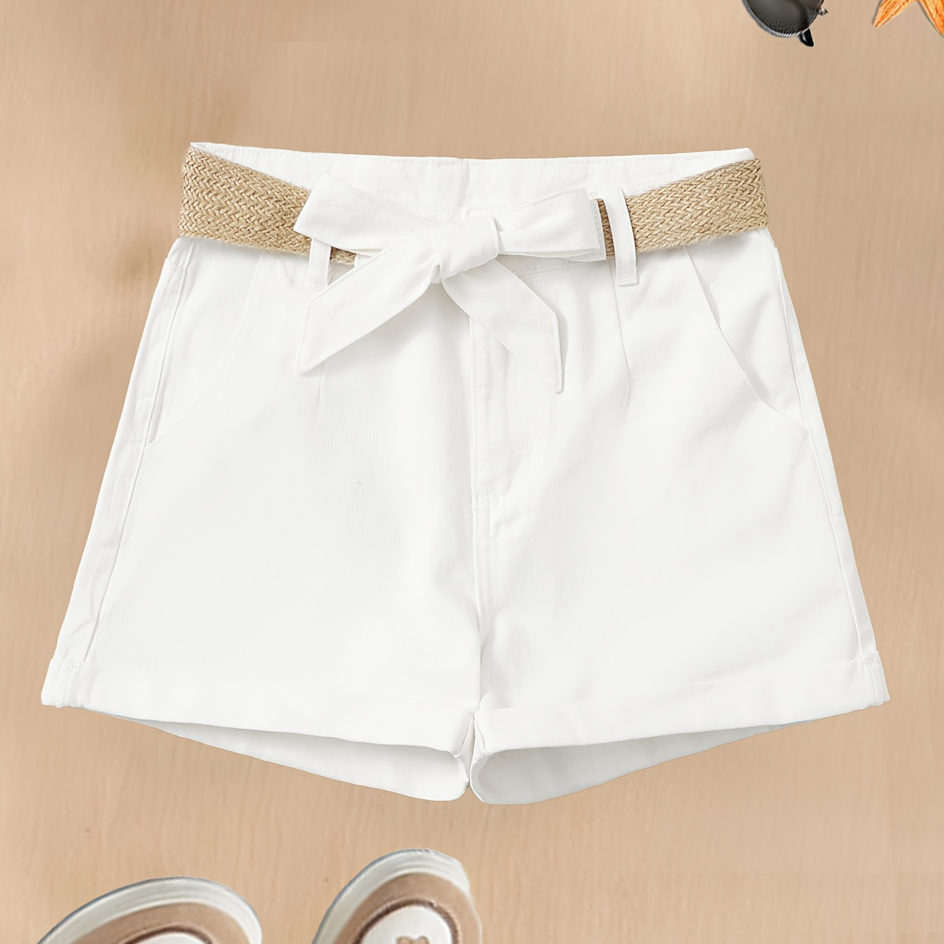 

Women's Bohemian Style White Shorts With Braided Belt, Breathable Fabric, Summer Fashion Beachwear