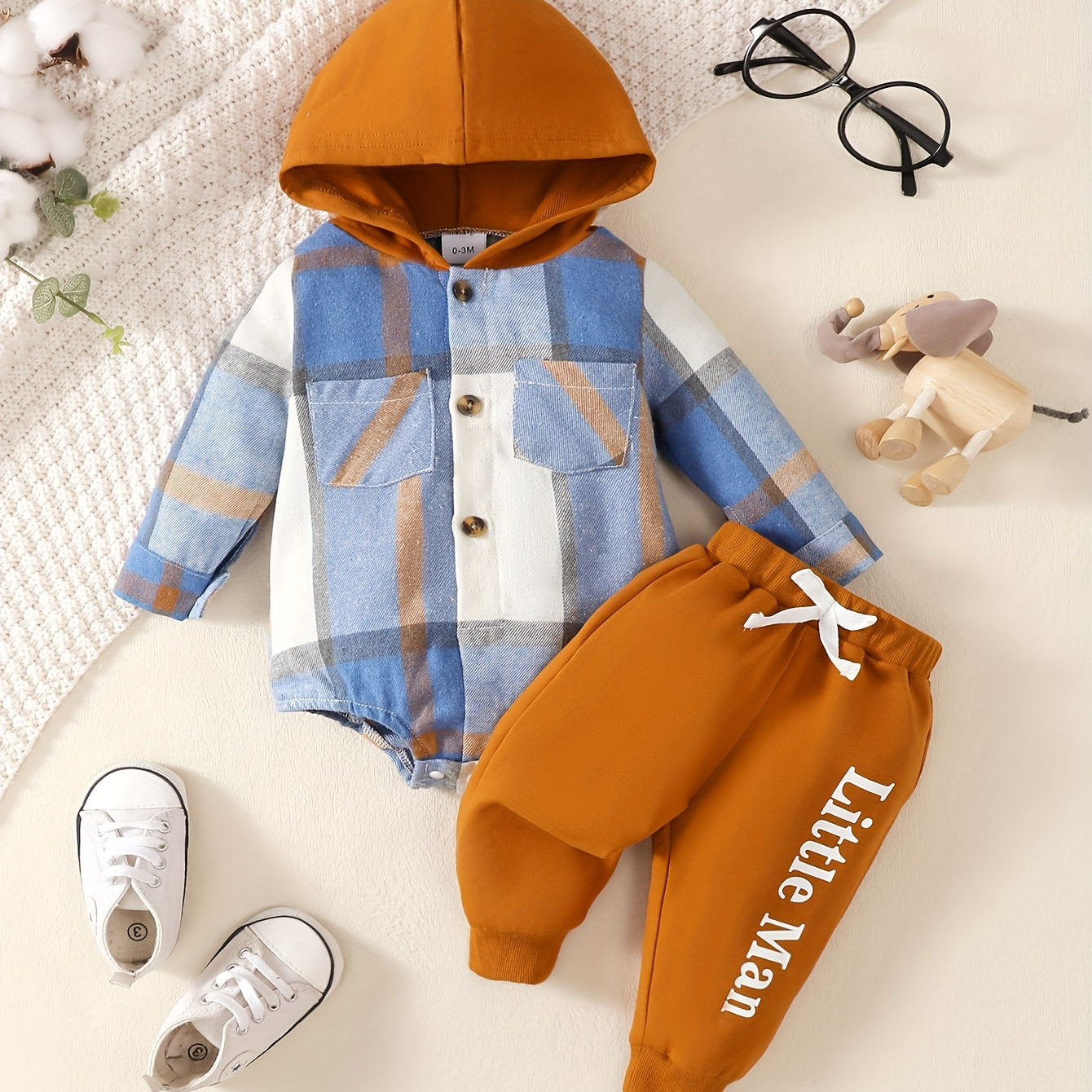 

2pcs Ensemble de mode pour bébé garçon, combinaison à capuche avec imprimé à carreaux et pantalon imprimé lettre, automne et hiver