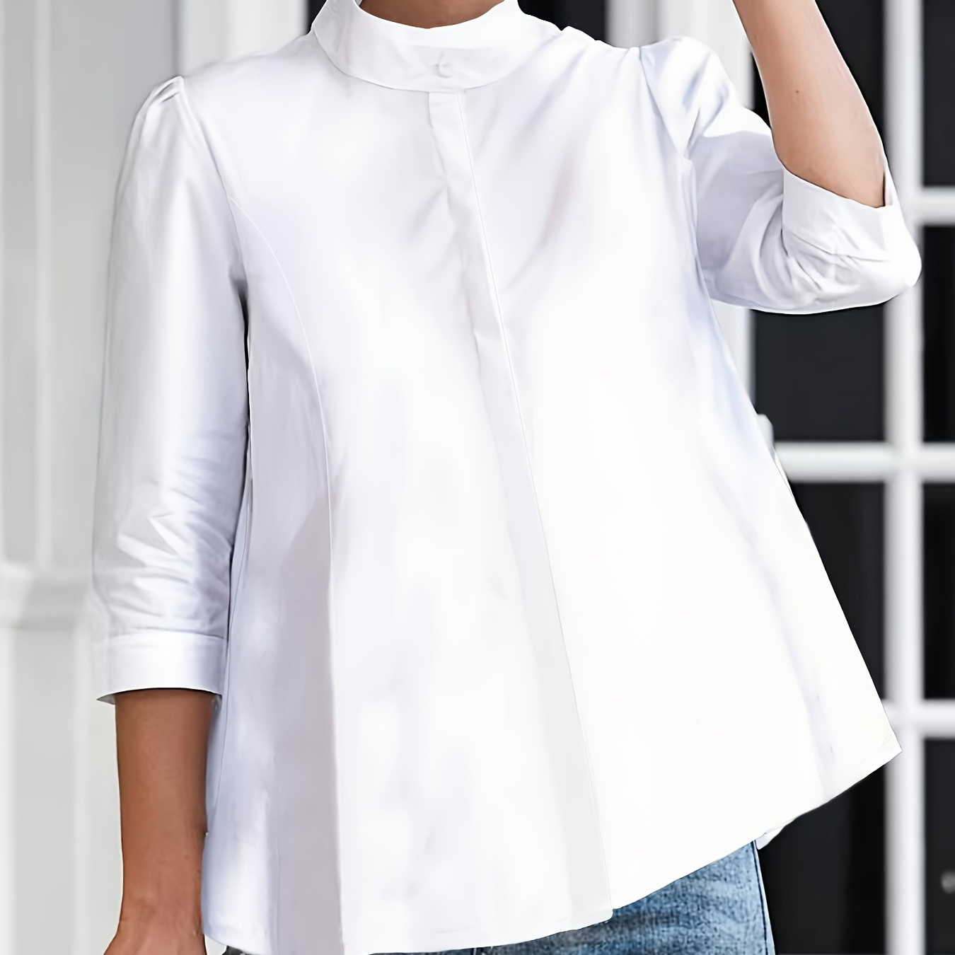 

Women's Casual Stand Collar Blouse, Polyester Solid Color Shirt, With Invisible Double And Binding, Quarter Sleeves, For Spring/summer