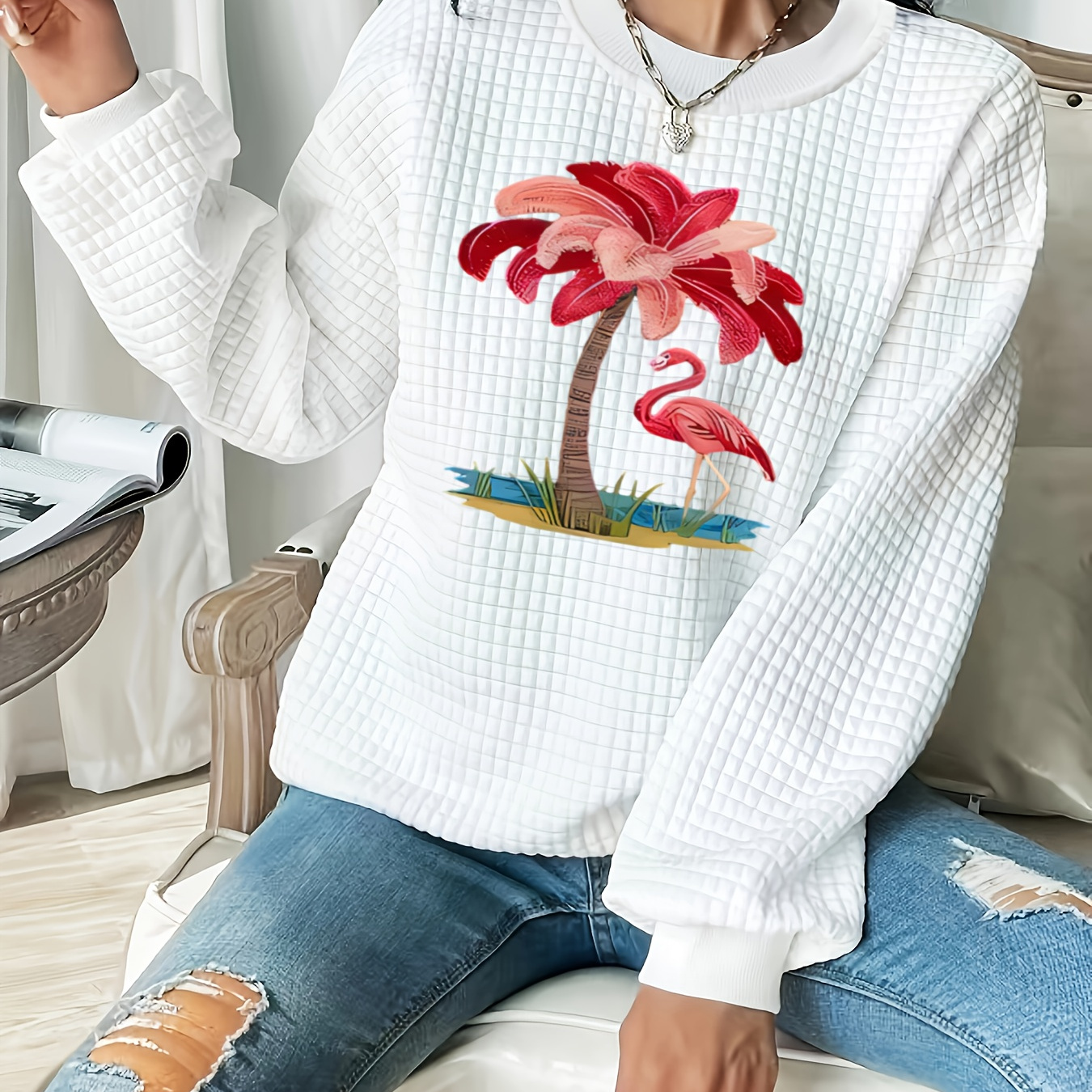 

Plus Size Tree & Flamingo Print Sweatshirt, Crew Neck Casual Sweatshirt For Fall & Spring, Women's Plus Size Clothing