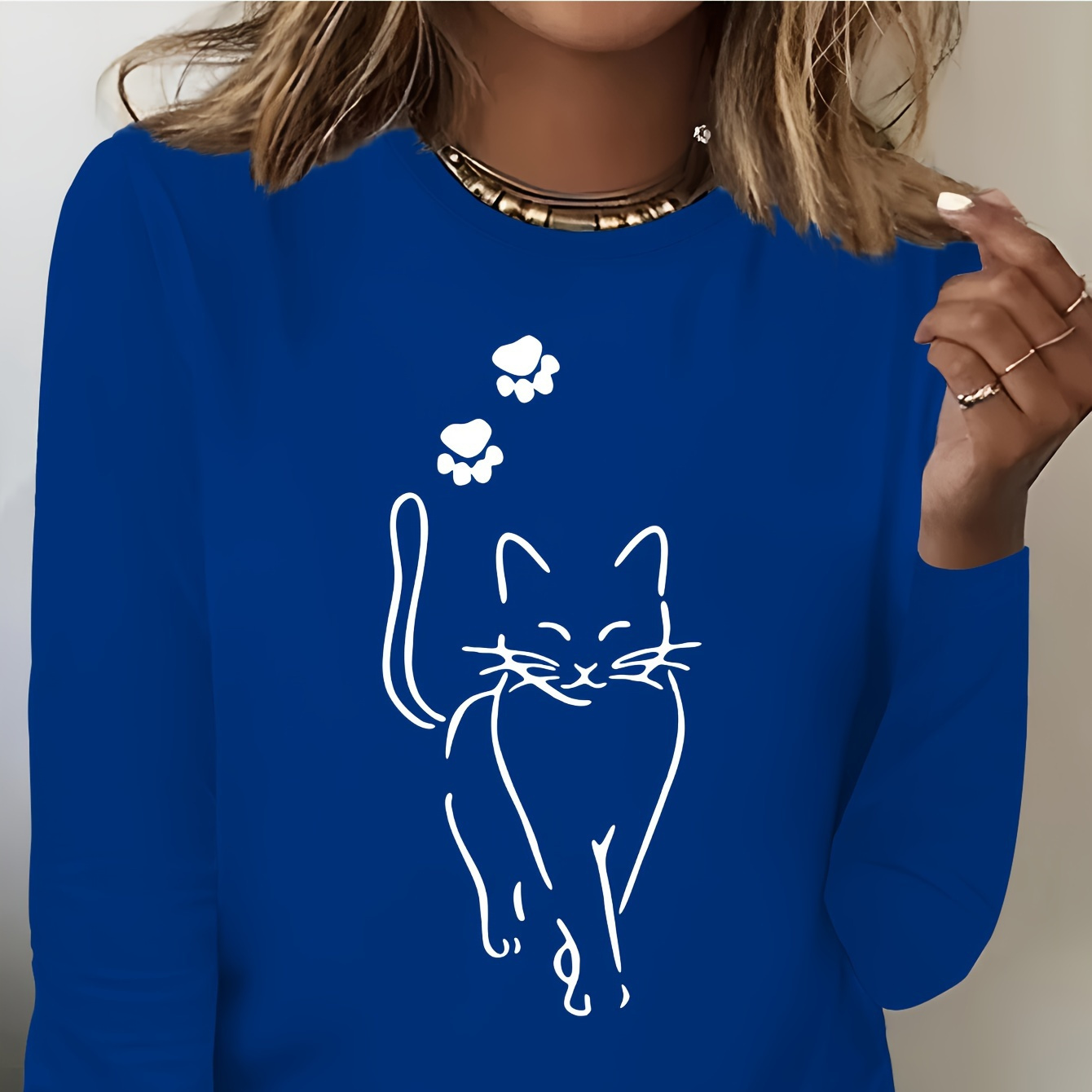 

T-shirt décontracté à motif de chat mignon et d' de patte, haut à manches longues à col rond pour et , vêtements pour femmes