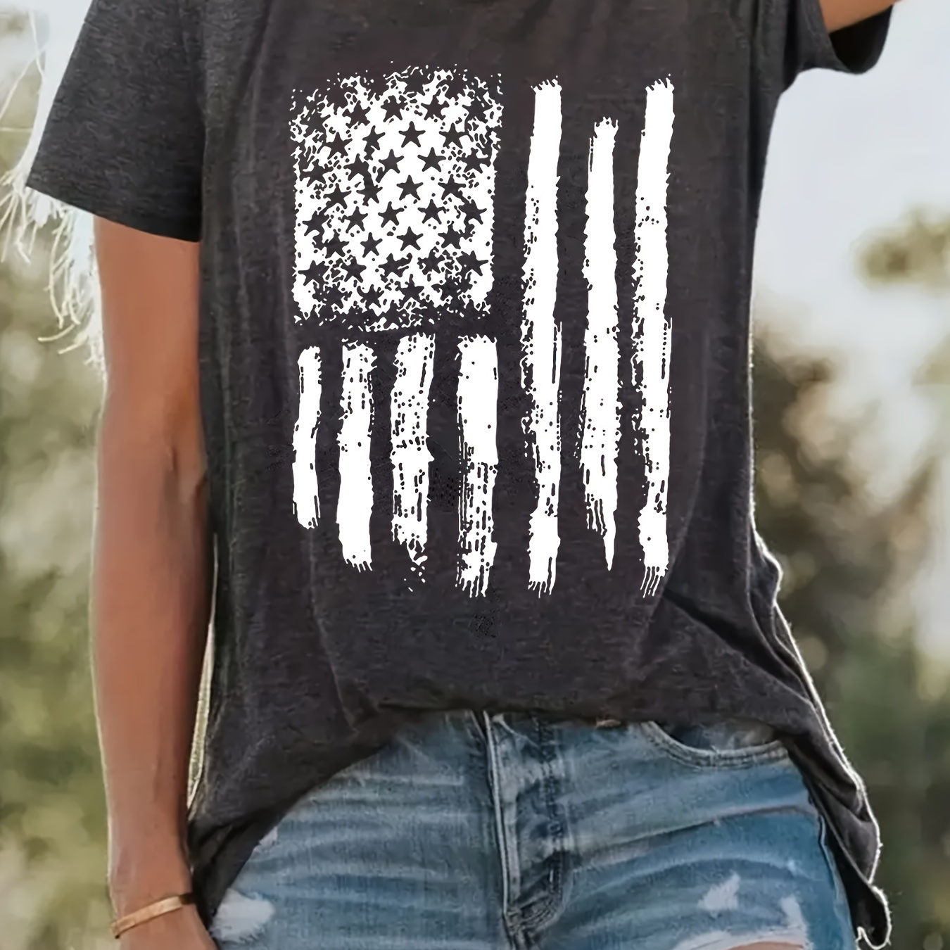 

Flag Graphic Print T-shirt, Short Sleeve Crew Neck Casual Top For Summer & Spring, Women's Clothing