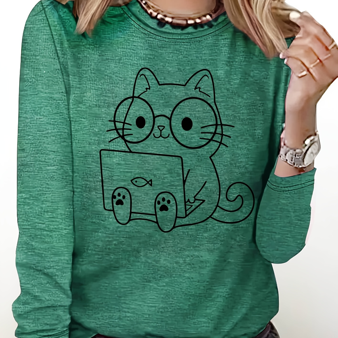 

1pc Women's Casual Crew Neck Long Sleeve T-shirt With Cute Studying Cat Print, Polyester Knit Fabric With Slight Stretch, Animal Pattern, Fashion For Spring/summer/fall - Multiple Colors