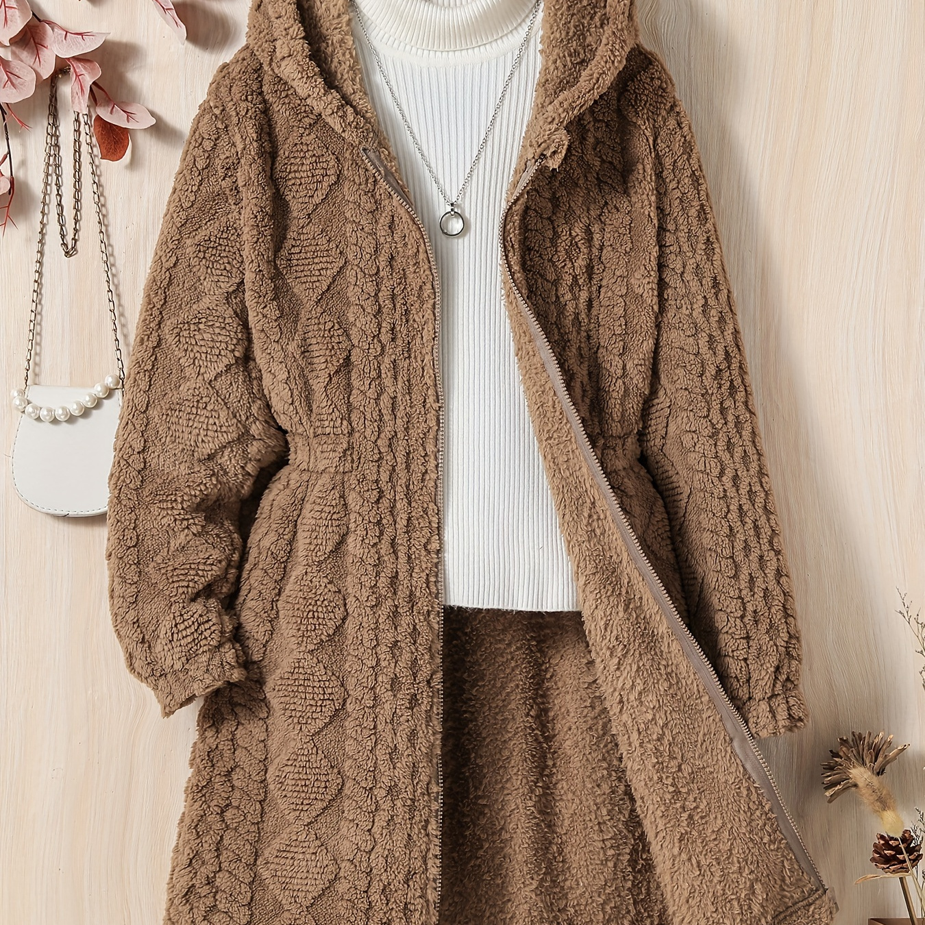 

Teens Girls Hooded Long Thick Fleece Cardigan Mid-length Fashion Textured Casual Jacket
