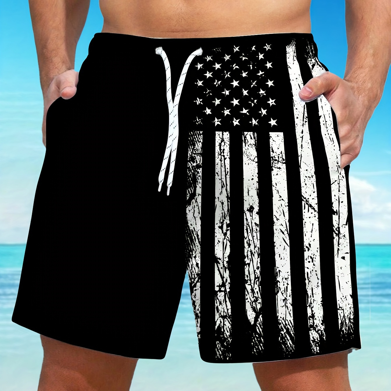 

Men's Trendy Flag Pattern Print Active Shorts, Drawstring Beach Shorts For Summer Beach Resort, Hawaiian Shorts