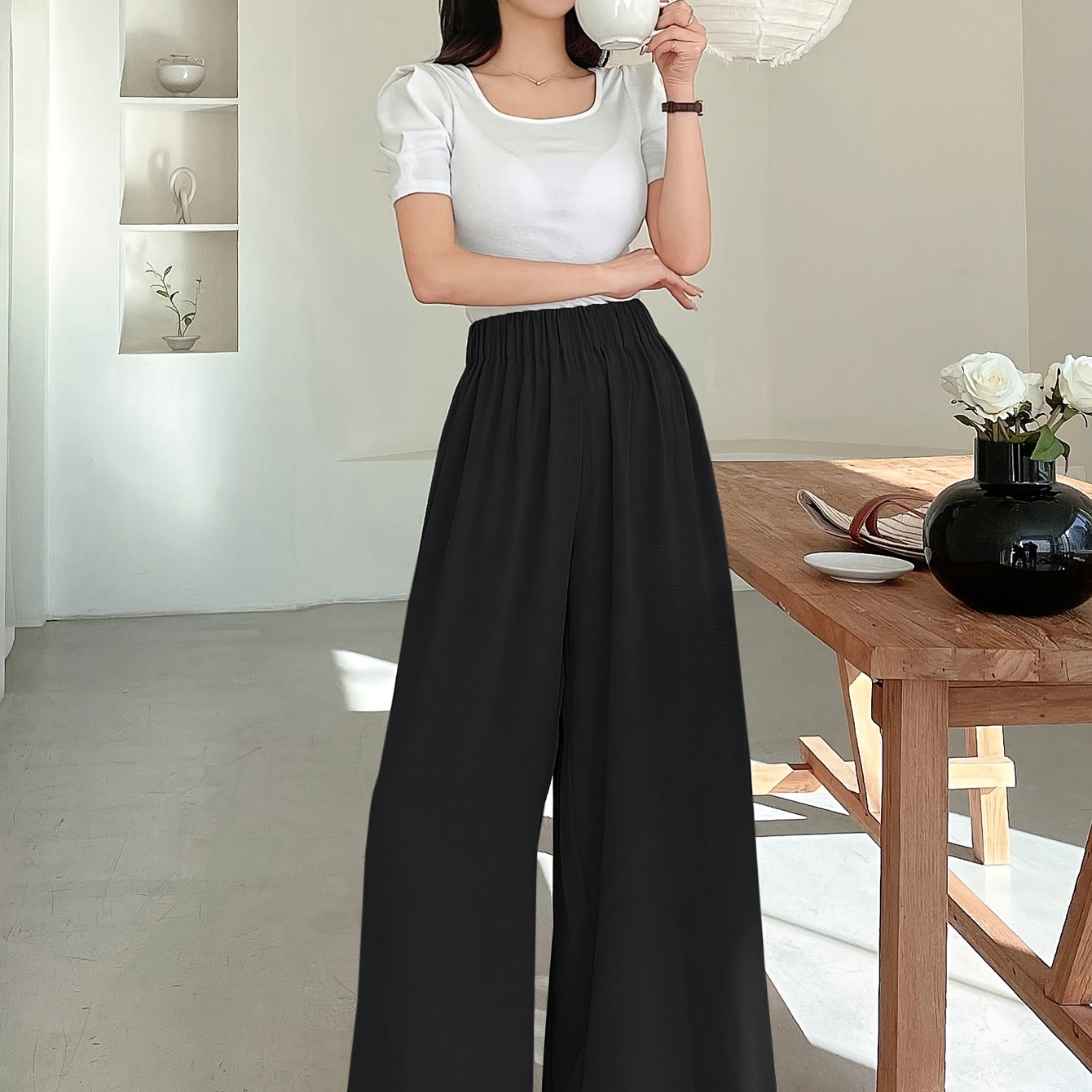 

Women's High-waisted Wide Leg Pants 100% Polyester Casual Solid Color Woven Trousers