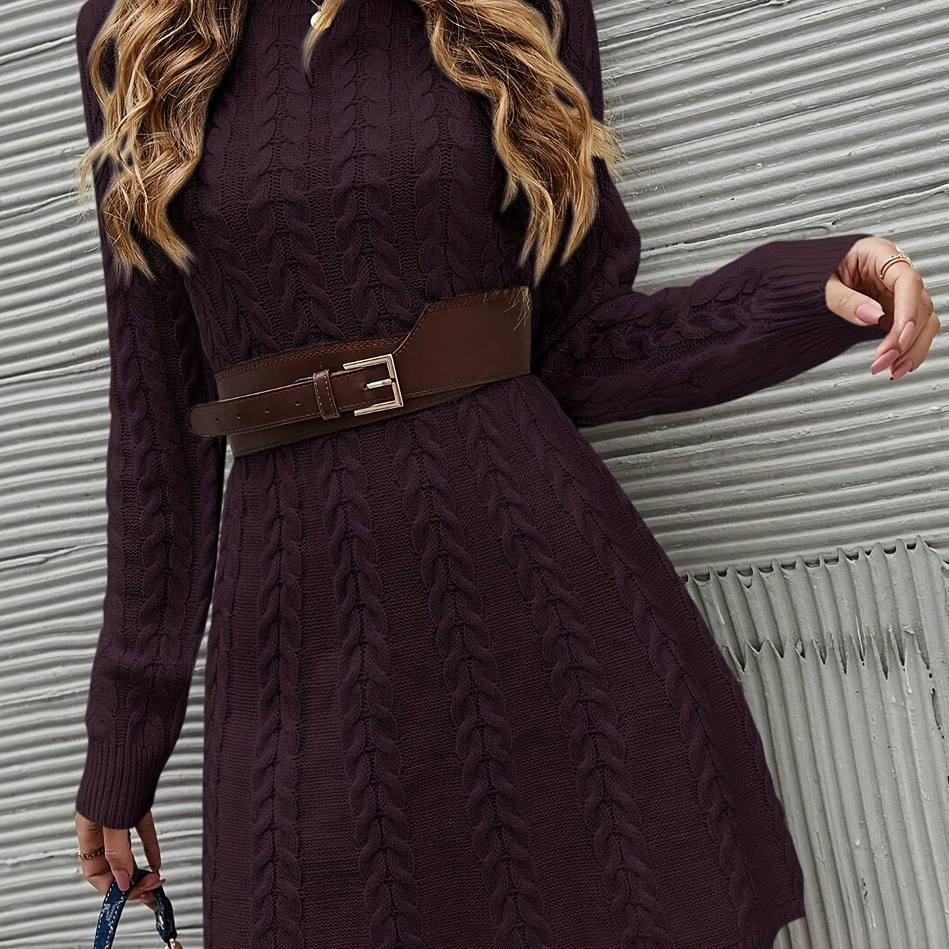 

Cable Knit Long Sleeve Dress, Casual Crew Neck Sweater Dress For Spring & Fall, Women's Clothing