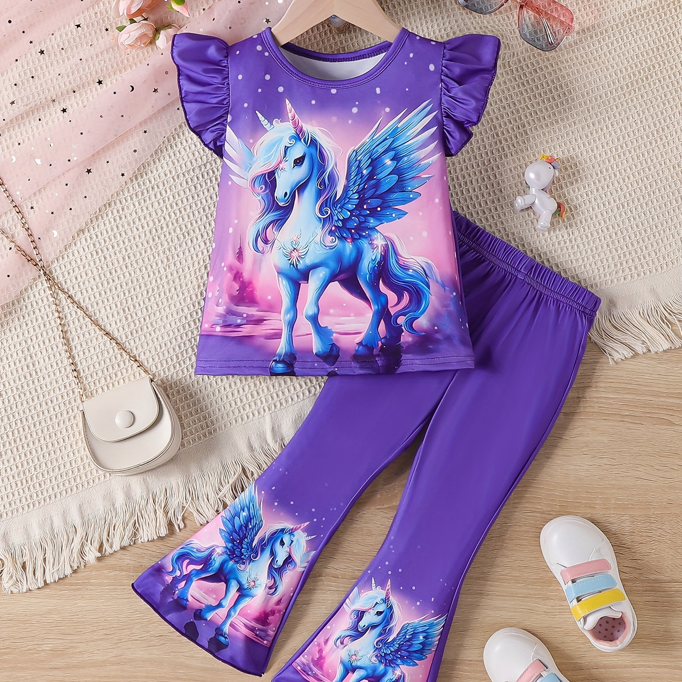 

Girl's Outfit Magical Unicorn Print Ruffle Sleeve Top + Flare Pants Set 2pcs Cute Girls Summer Clothes