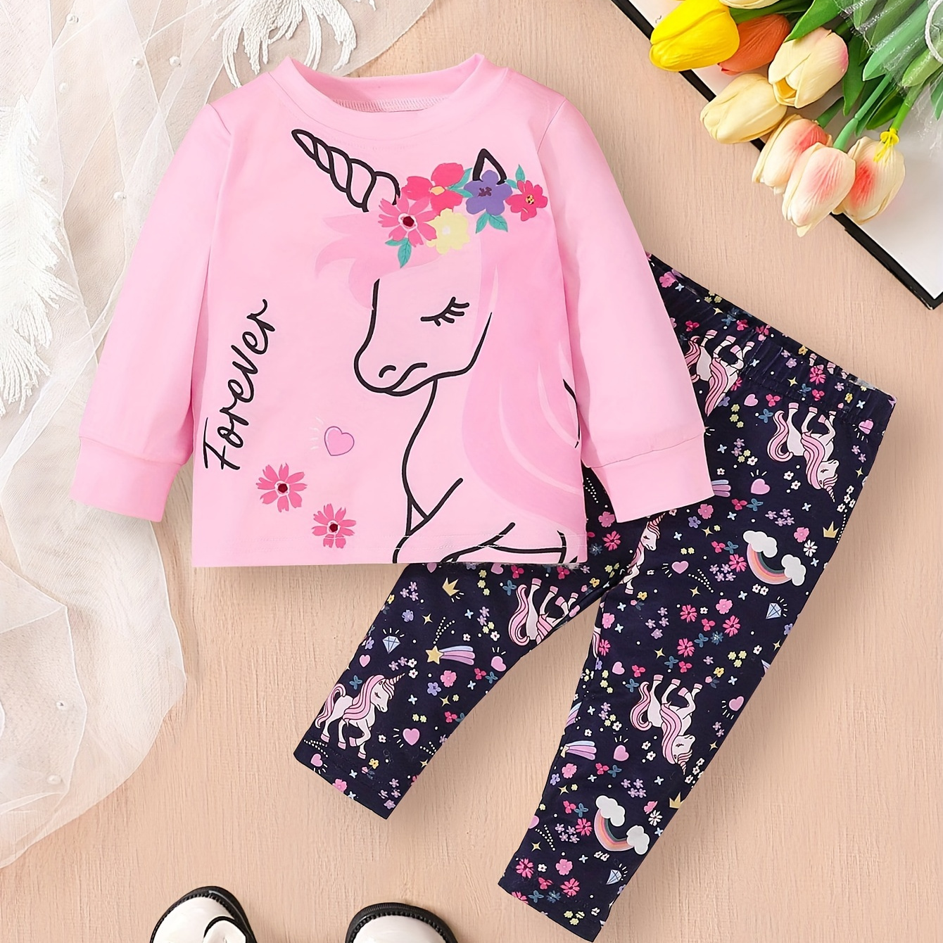 

2pcs 's Unicorn Long T- + Pattern Pants, Toddler & Infant Girl's Set