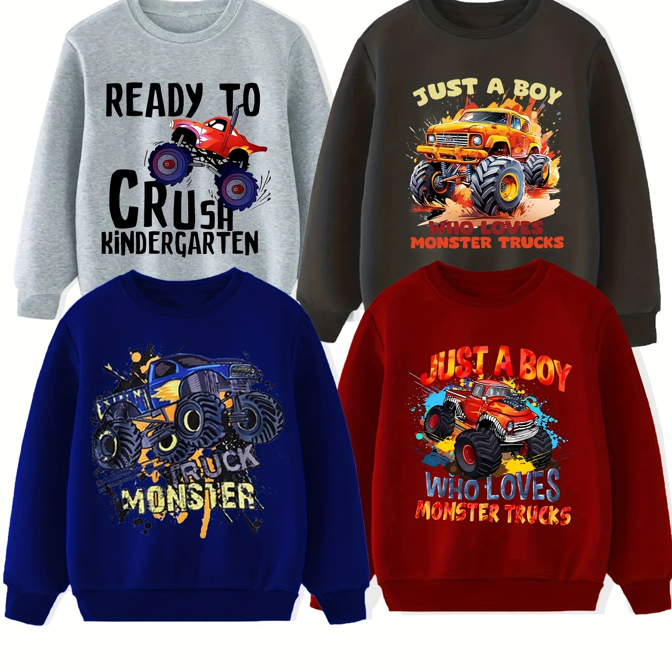 

4pcs Cartoon Monster Truck Print Boys Casual Creative Pullover Sweatshirt, Long Sleeve Crew Neck Tops, Boys Clothes Outdoor