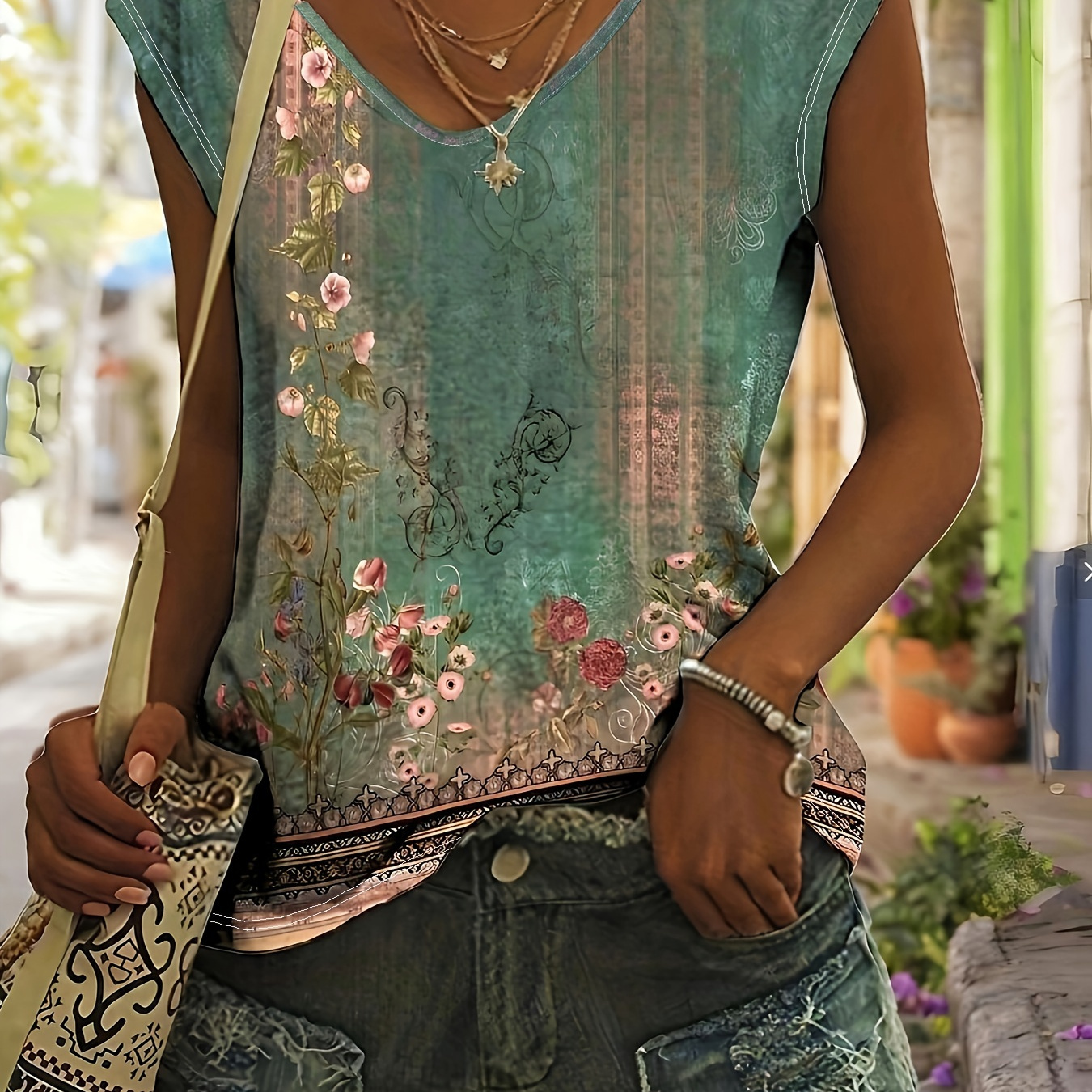 

Floral Print Tank Top, Casual V-neck Sleeveless Top For Summer & Spring, Women's Clothing