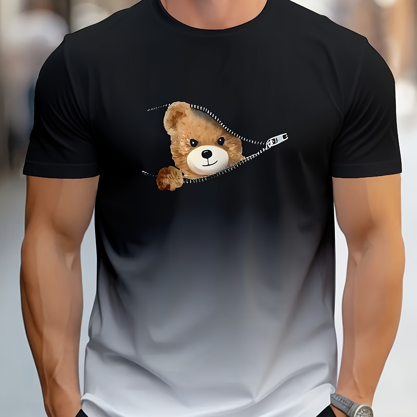 

Men's Casual Summer Gradient 3d Teddy Short Sleeve T-shirt - Soft Polyester, Crew Neck, Non-transparent With Geometric Pattern, Ideal For Activities