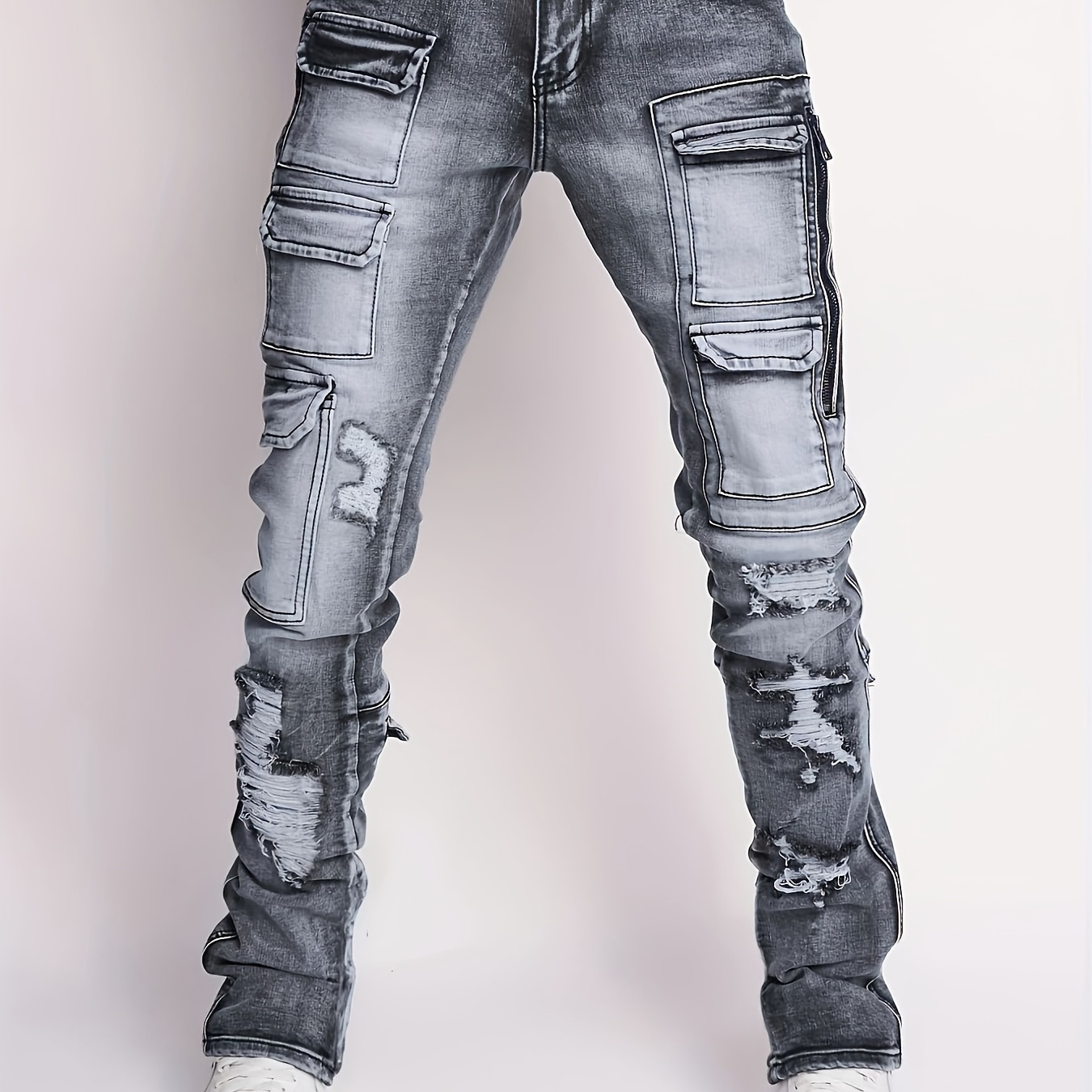 

Men' Style Distressed Cotton Denim Jeans With Multi-, Slim Fit Jeans For Four-season Wear