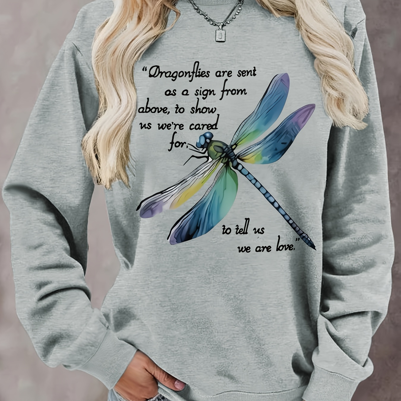 

1pc Women's Casual Crew Neck Sweatshirt With Dragonfly Print, Inspirational Quote, Polyester Knit, Geometric Pattern, For Autumn/winter