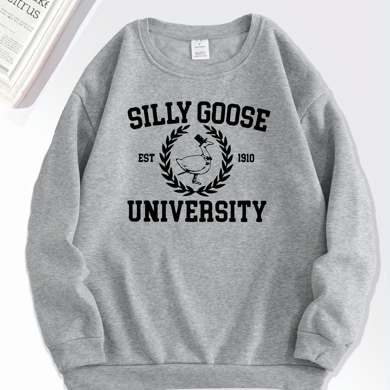 

Cocl Goose & Letter Print Sweatshirt, Vintage Long Sleeve Crew Neck Sweatshirt, Women's Clothing