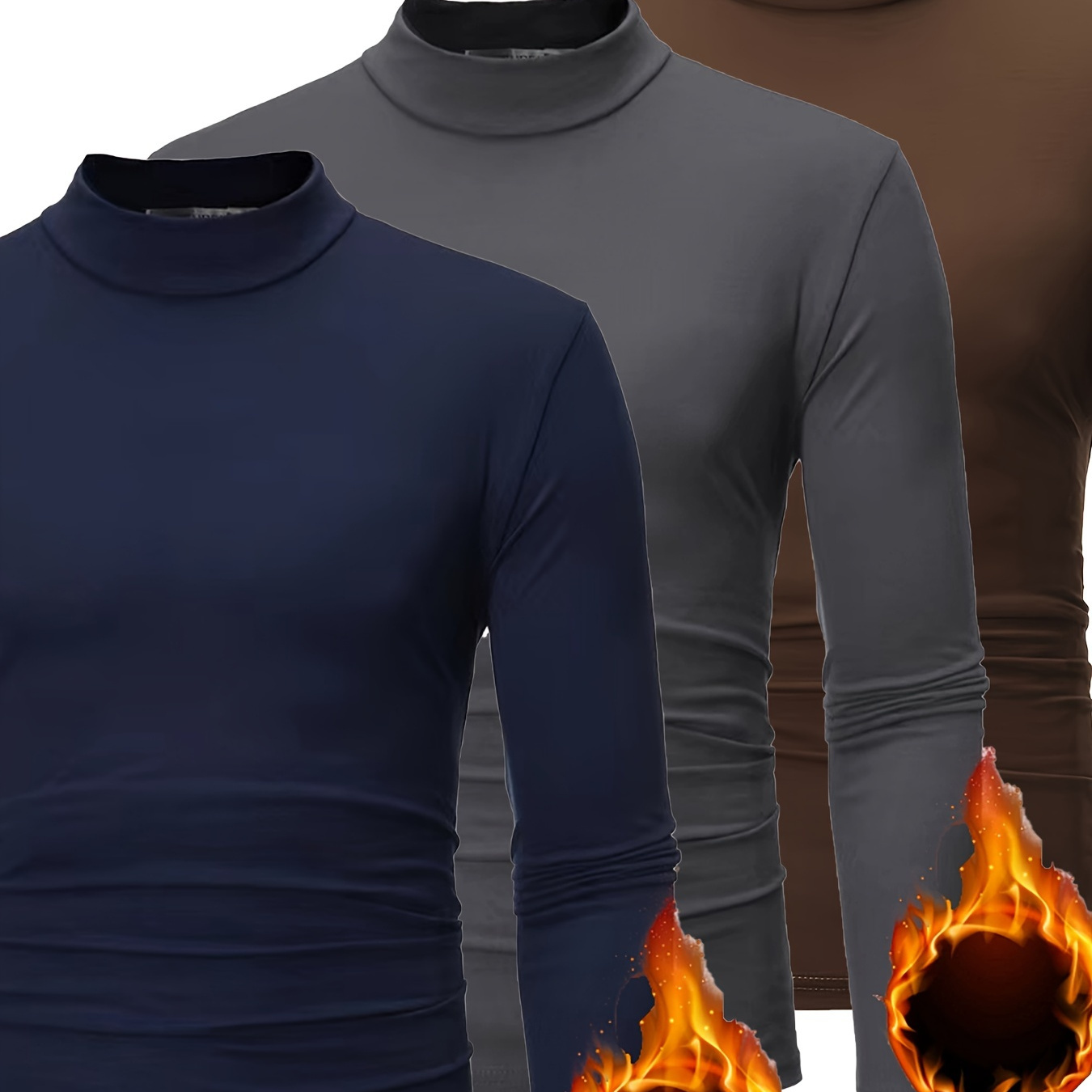 

3 Pcs Men's All- Solid Thermal Mock Neck Long Sleeve Top - Slim Fit Top, Ideal For And Casual Wear, Fall/winter