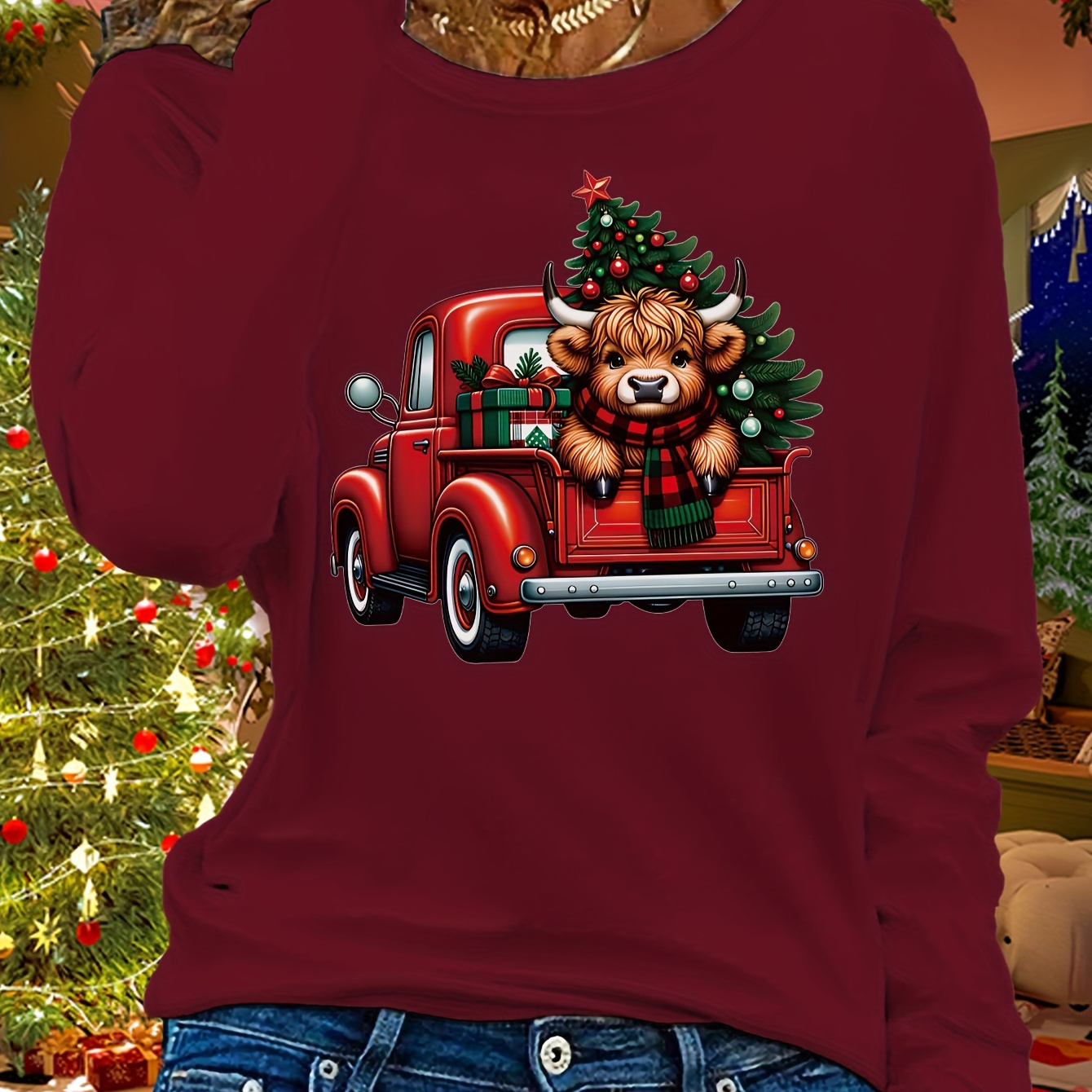 

Casual Christmas Bear Applique Crew Neck Sweatshirt - 100% Polyester Knit Fabric With Medium Stretch, Long Sleeve Pullover For Fall