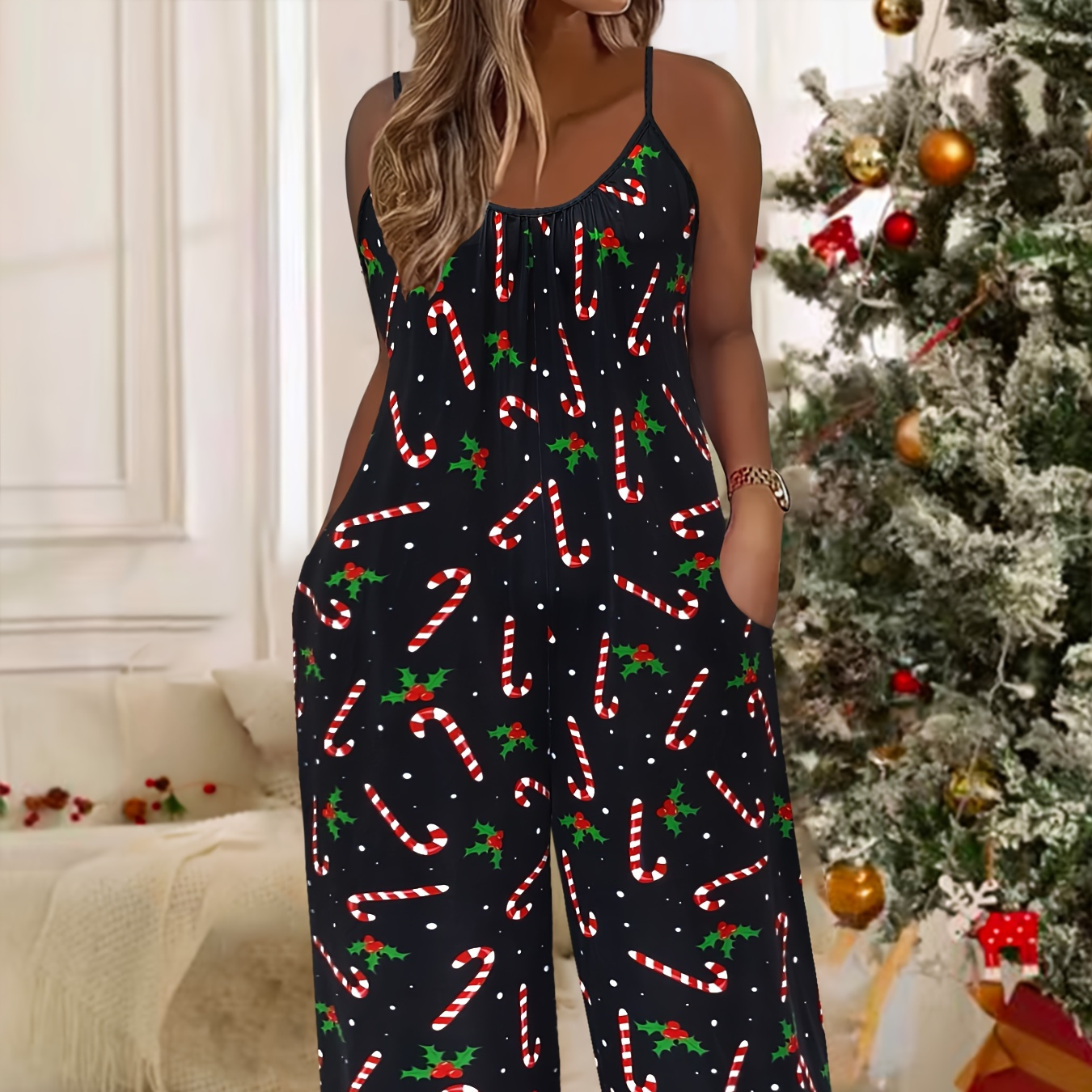 

Women's Christmas Print Jumpsuit With Pockets - Casual Wide-leg Overalls, Stretchy Polyester , Machine Washable