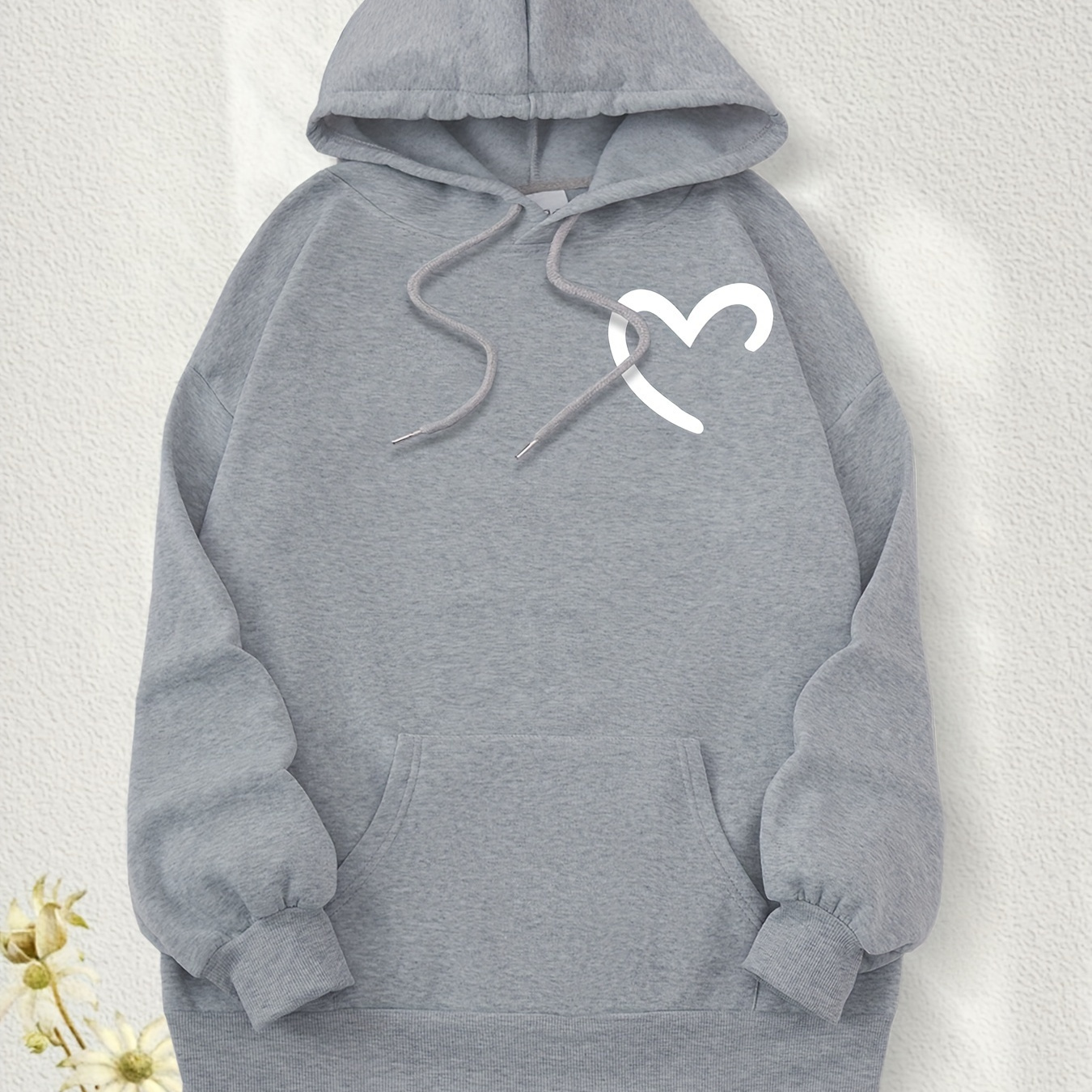 

Heart Print Drawstring Fashion Hoodie, Pocket Front Long Sleeve Hooded Sweatshirts, Women's Sports Sweatshirt
