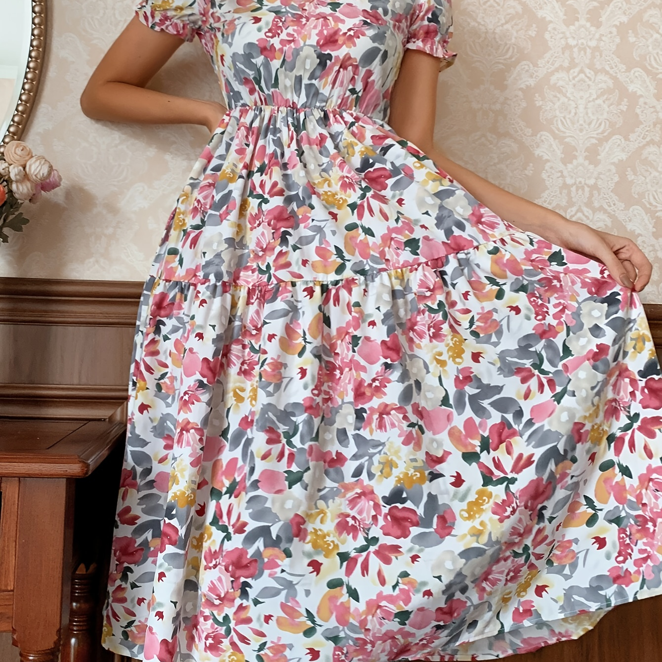 

Floral Print Crew Neck Dress, Vacation Style Short Sleeve A-line Dress For Spring & Summer, Women's Clothing