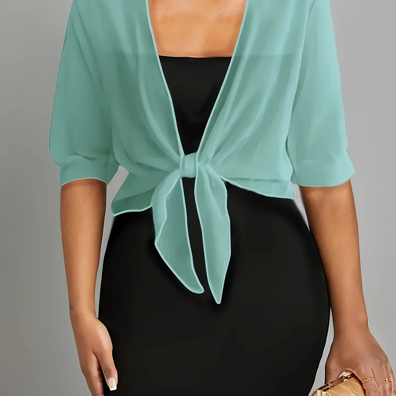 

Solid Color Tie Front Crop Blouse, Elegant Half Sleeve Crop Blouse For Spring & Summer, Women's Clothing