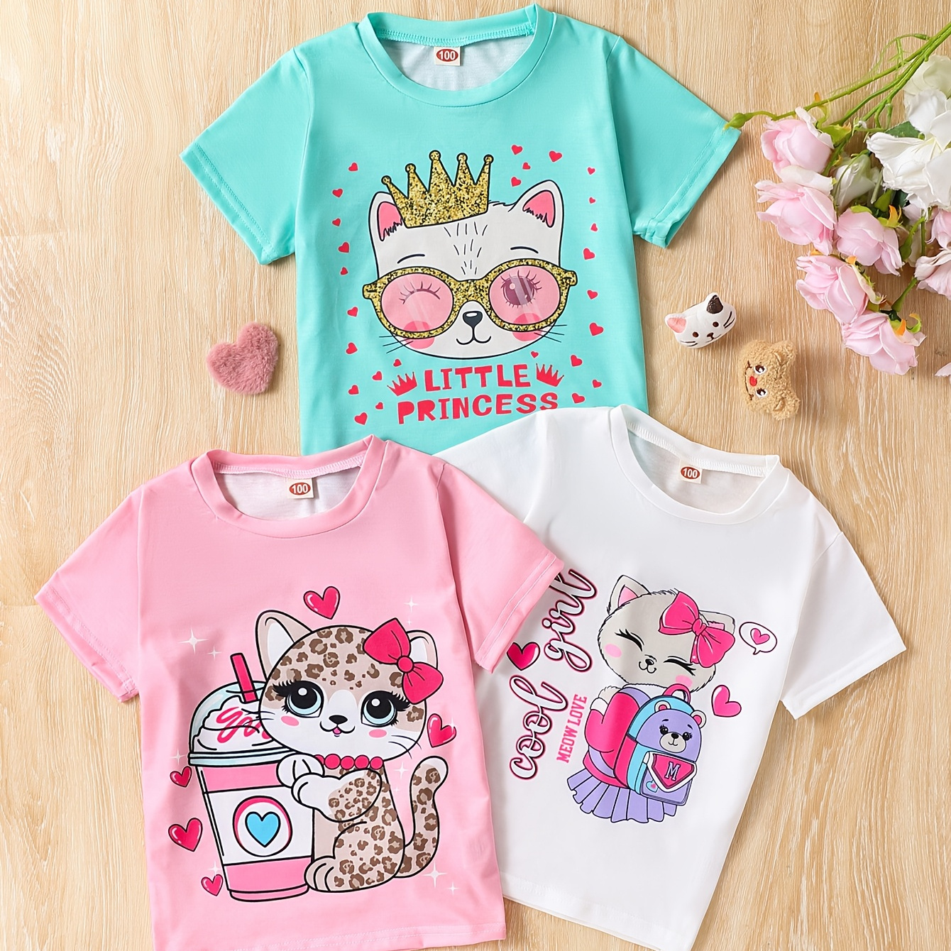 

3-pack Girls' Summer T-shirts, Cartoon Princess & Cat Designs, Polyester 95% Spandex 5% Knit Fabric, Crew Neck, Casual Loose Fit, Stretch - Kids' Fashion Tops