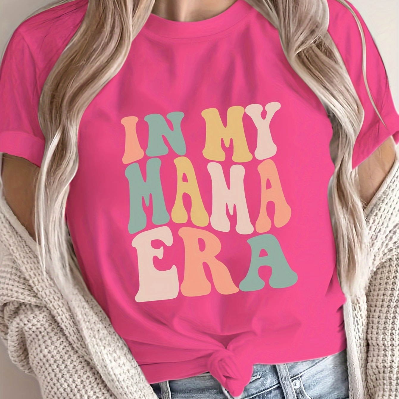 

Plus Size In My Mama Era Print T-shirt, Casual Crew Neck Short Sleeve Top For Spring & Summer, Women's Plus Size Clothing