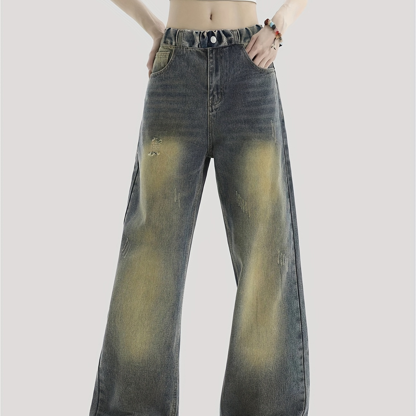 

Vintage Inspired High-waisted Distressed Denim Jeans For Teen Girls, Relaxed Fit Wide-leg Trousers, Casual Outing, School, And Outdoor Activities