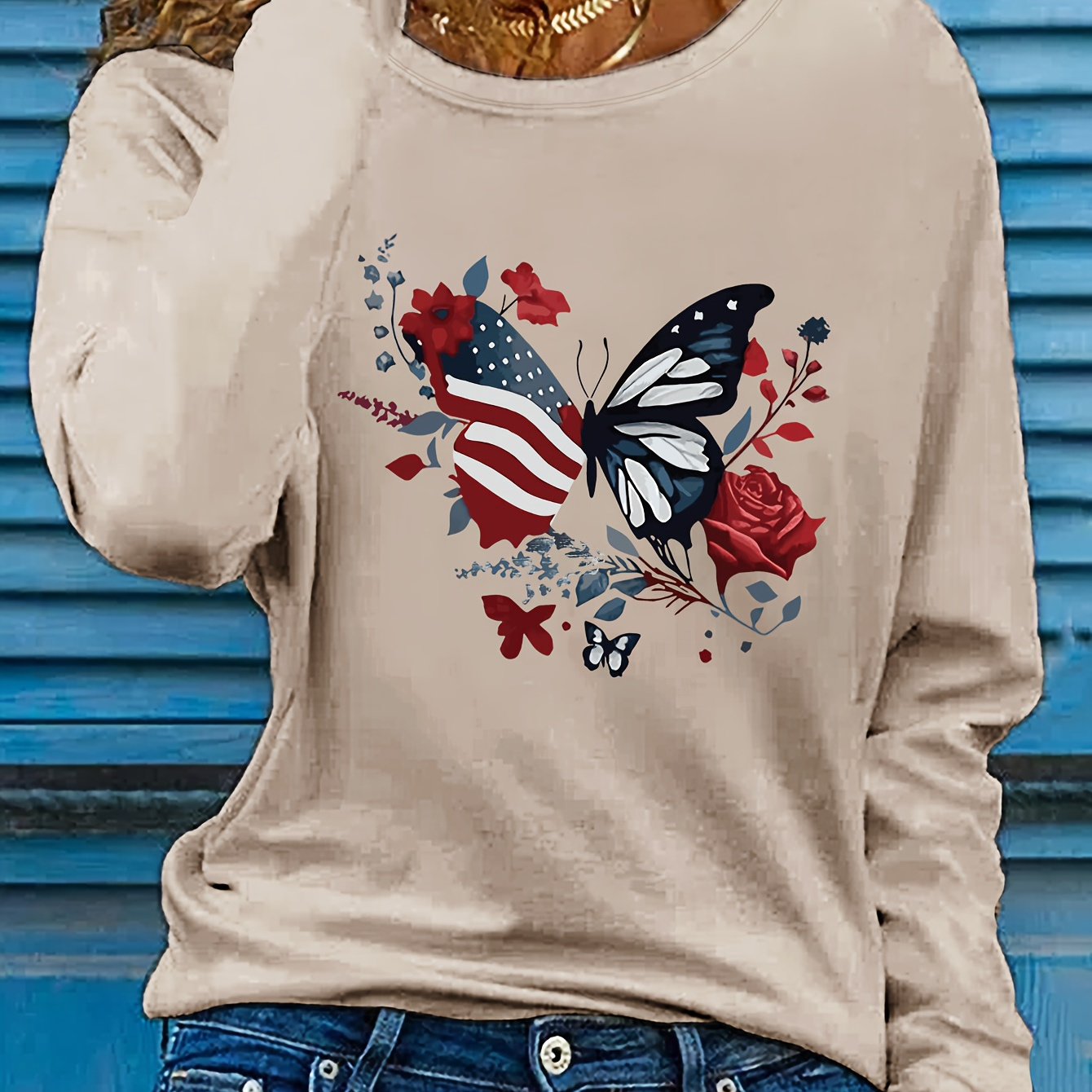 

Women's Casual Butterfly Print Long Sleeve T-shirt - Crew Neck, Soft Polyester, Machine Washable - Fall