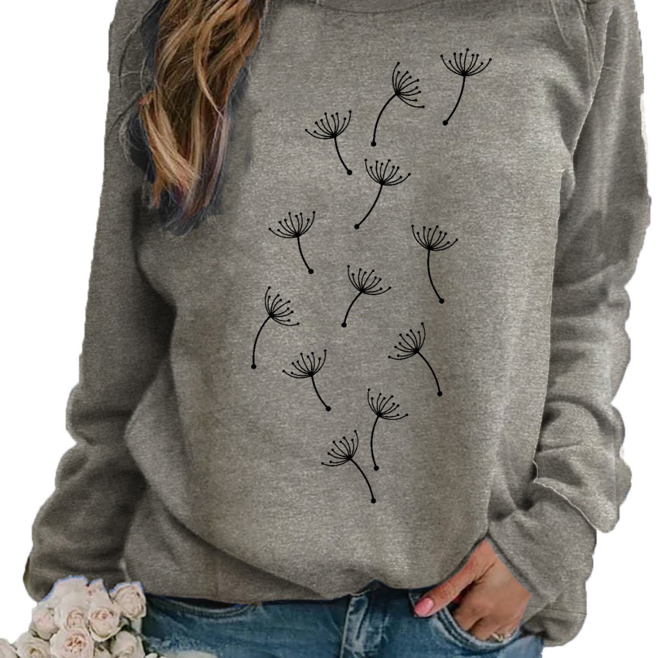 

Dandelion Print Sweatshirt, Crew Neck Casual Sweatshirt For Fall & Spring, Women's Clothing