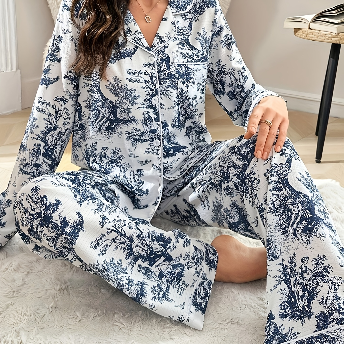 

1 Set Women's Long Sleeve Pajama Set, Casual Polyester Knit Flannel With Pocket, Mountain Landscape Print, For Adults Sleepwear