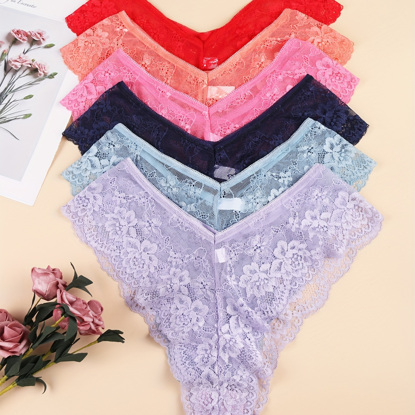 

6pcs Sexy Lace Floral Panties Panties, Solid Color Comfortable Breathable Underwear, Women's Lingerie & Undewear