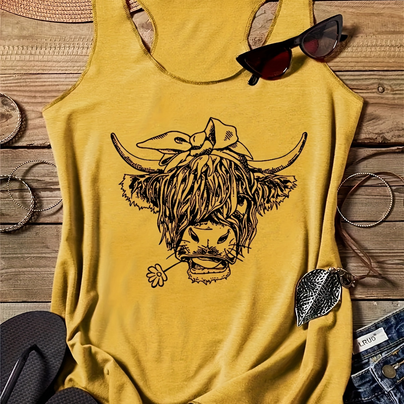 

Cow Head Print Tank Top, Casual Sleeveless Round Neck Top, Women's Clothing