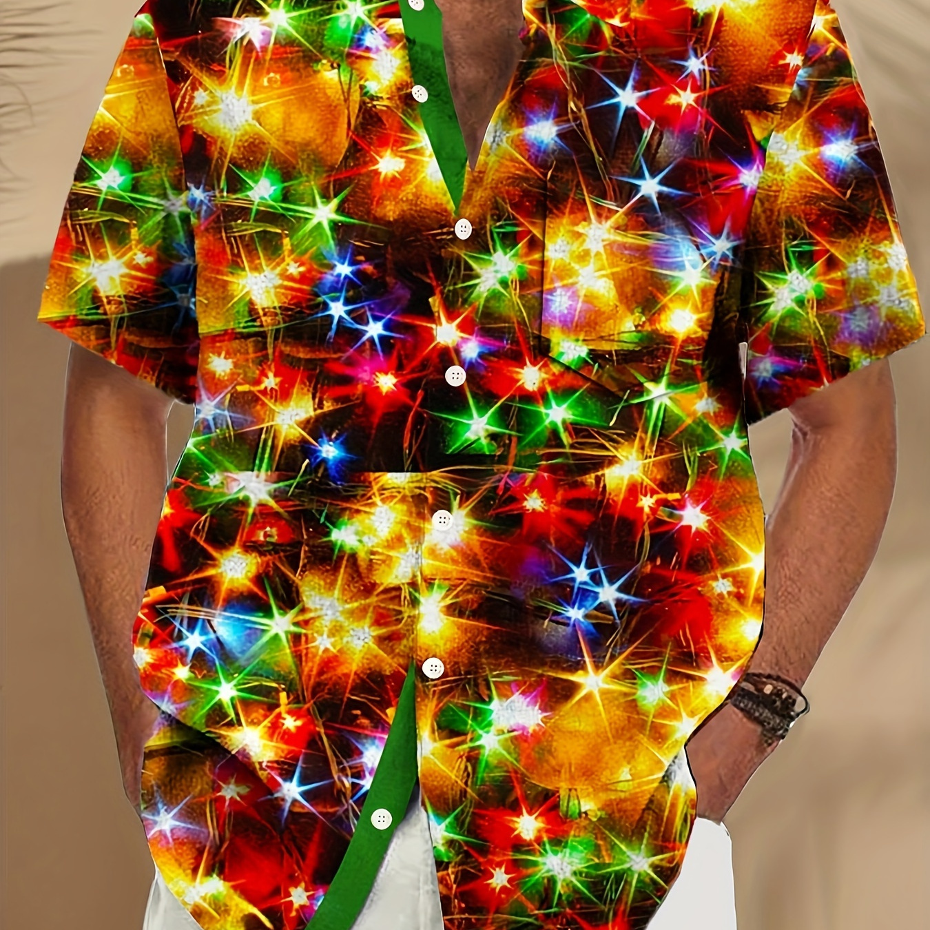 

Men' Christmas -up Shirt With Chest Pocket - Short Sleeve, Polyester, Machine Washable