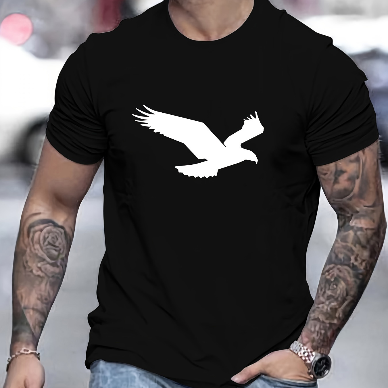 

Cool Eagle Graphic Print Men's Creative Top, Casual Short Sleeve Crew Neck T-shirt, Men's Clothing For Summer Outdoor