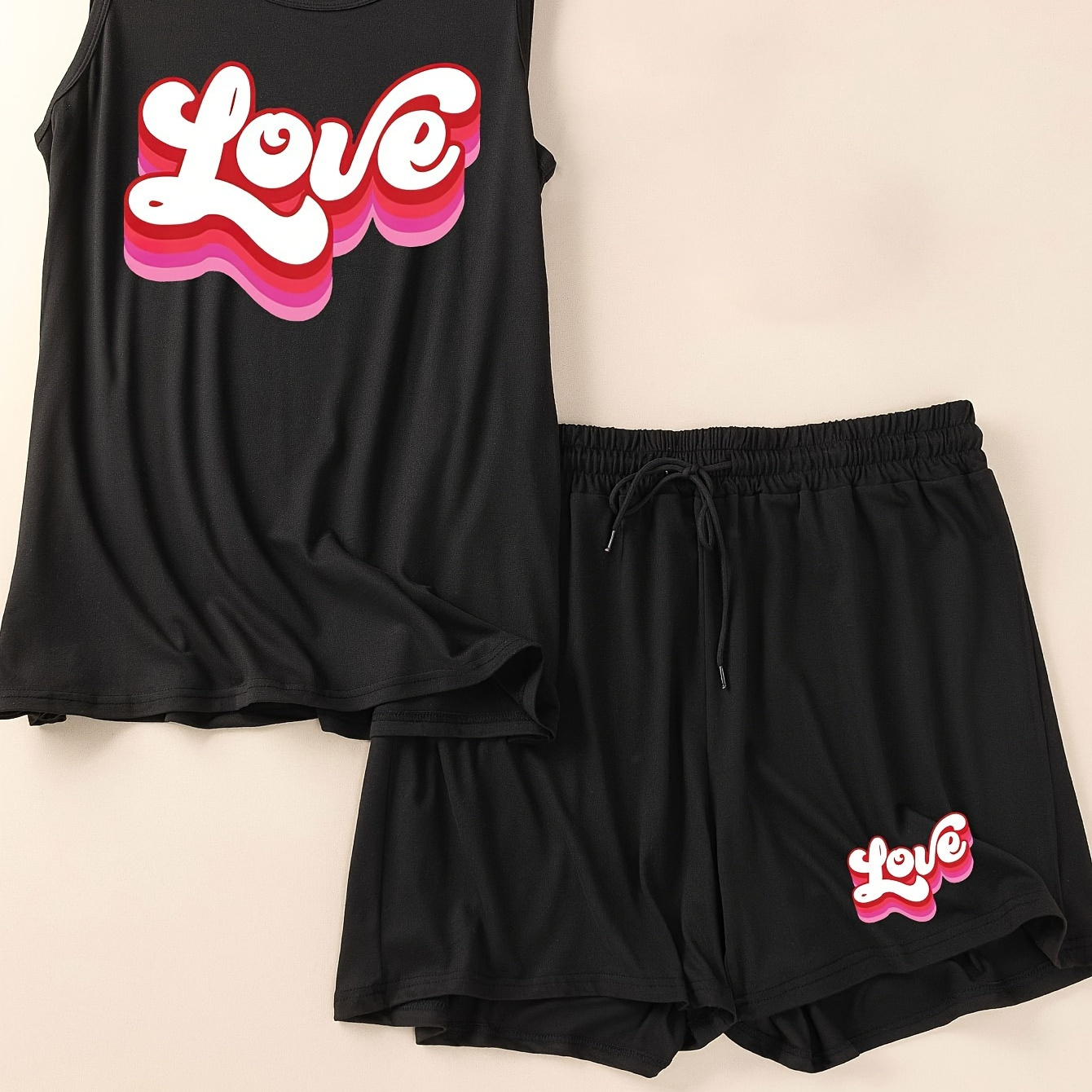 

Women's Valentine's Day Causal Lounge Set, Plus Size Letter Graphic Round Neck Tank Top & Shorts Pajamas 2 Piece Set