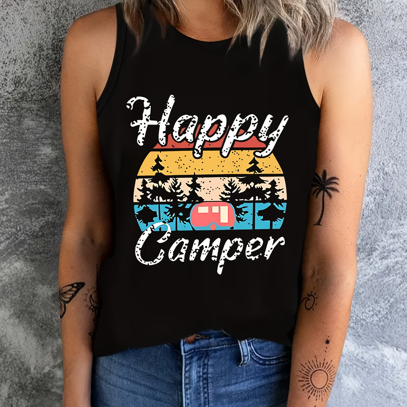 

Women's Sleeveless Tank Top, "happy Camper" Graphic Print, Casual Vacation Style, Breathable Comfort Fit