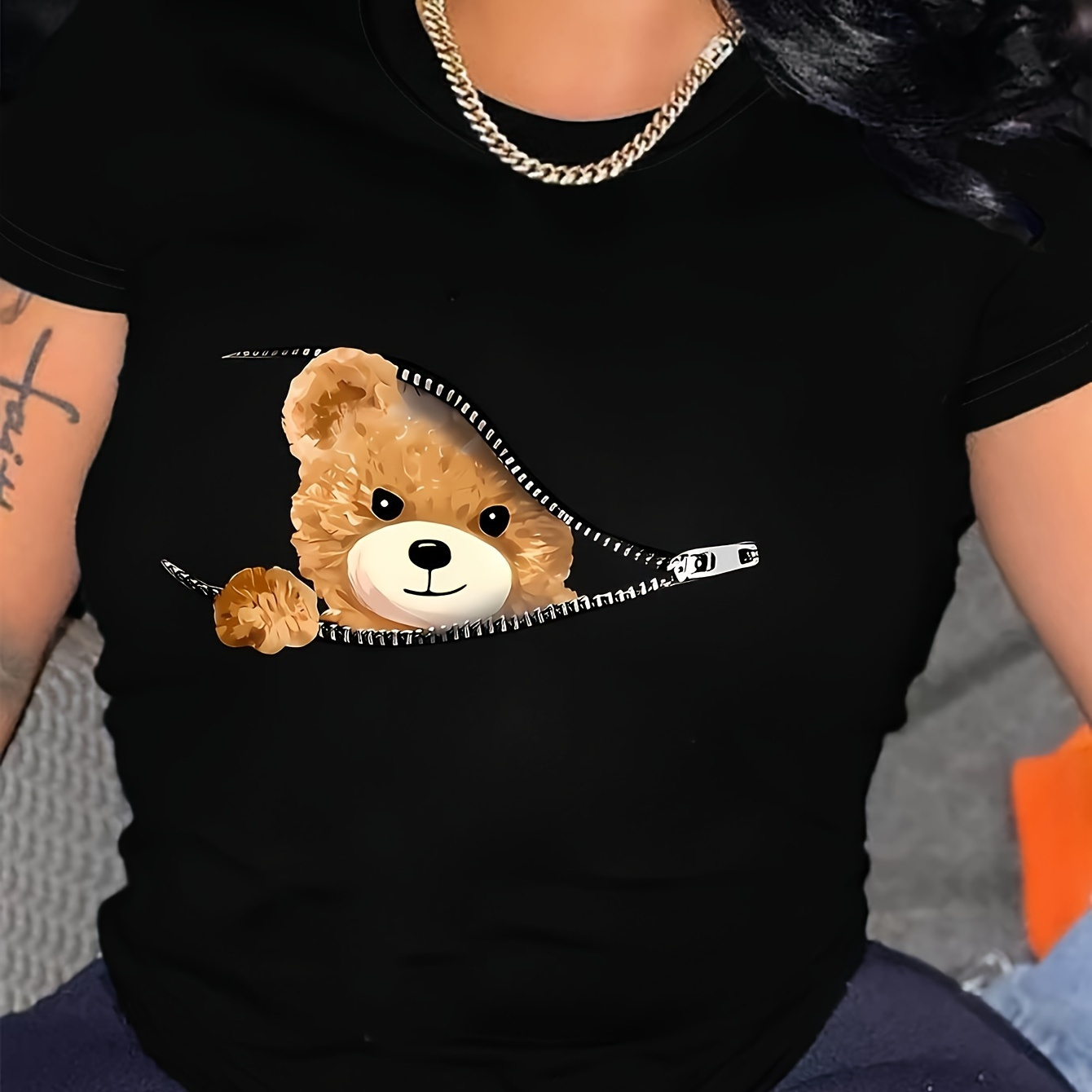 

1pc Women's Casual Polyester T-shirt With Cartoon Teddy , Crew Neck, Short Sleeve, Knit Fabric, Regular Length - Summer Top