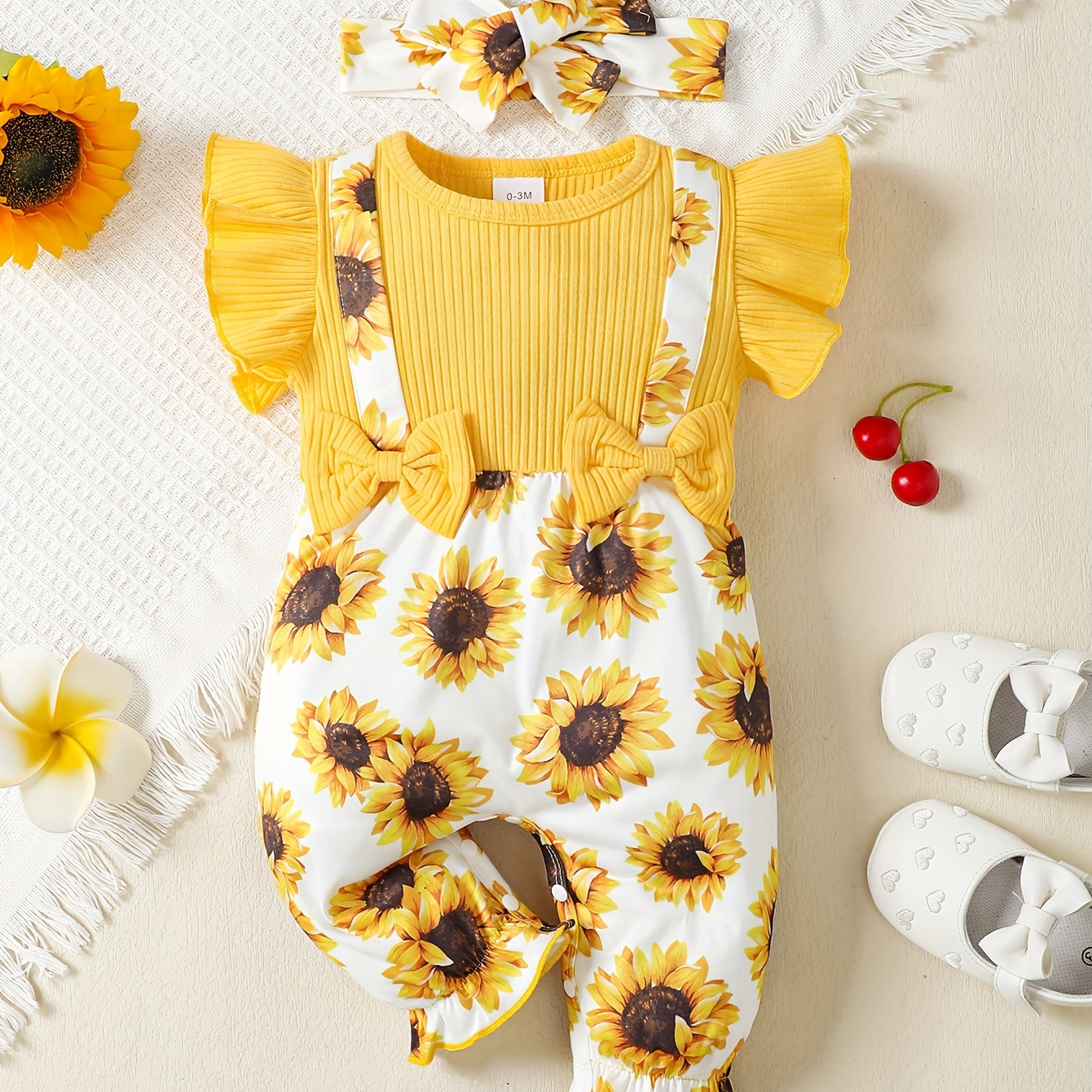 

Baby Girls Short Sleeve Pit Strip Sunflower Print One-piece Long Leg Romper Bodysuit With Matching Headband