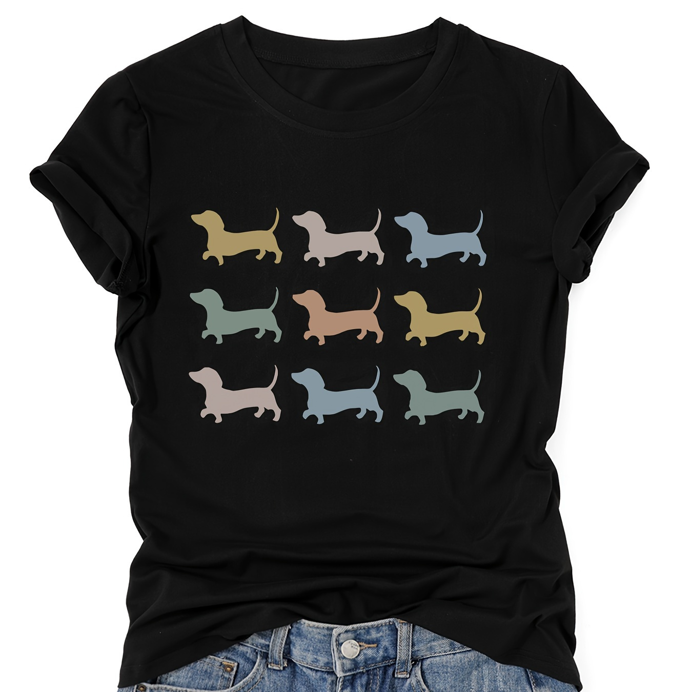 

Dog Print Crew Neck T-shirt, Short Sleeve Casual Top For Summer & Spring, Women's Clothing