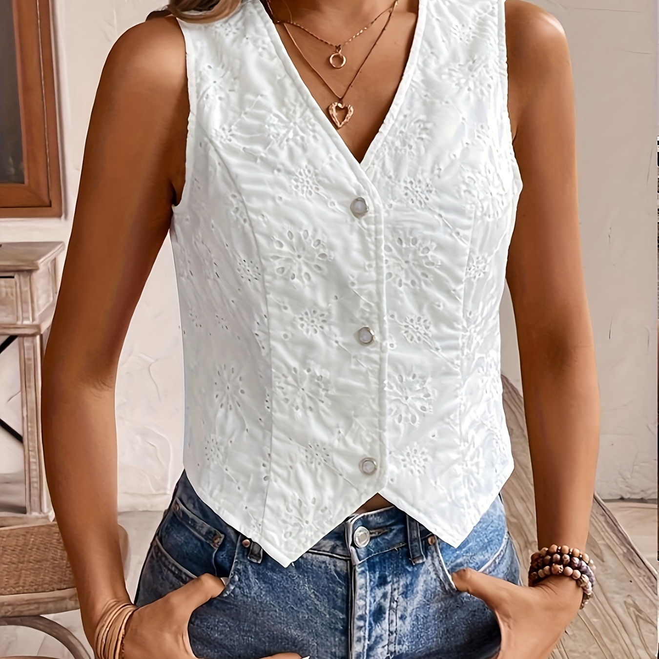 

Textured Button Front Tank Top, Elegant Sleeveless Plain Color Top For Spring & Summer, Women's Clothing