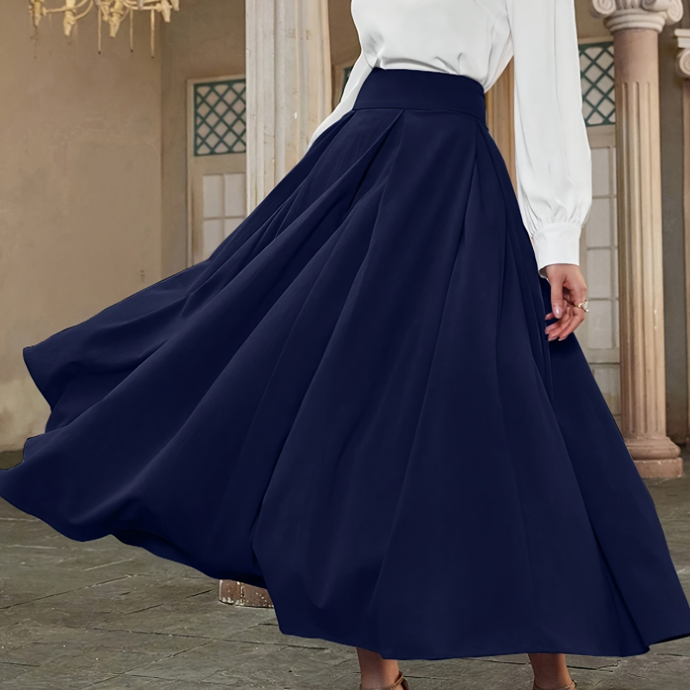 

Solid Color High Waist Skirt, Elegant Loose Long Length Skirt For Spring & Fall, Women's Clothing