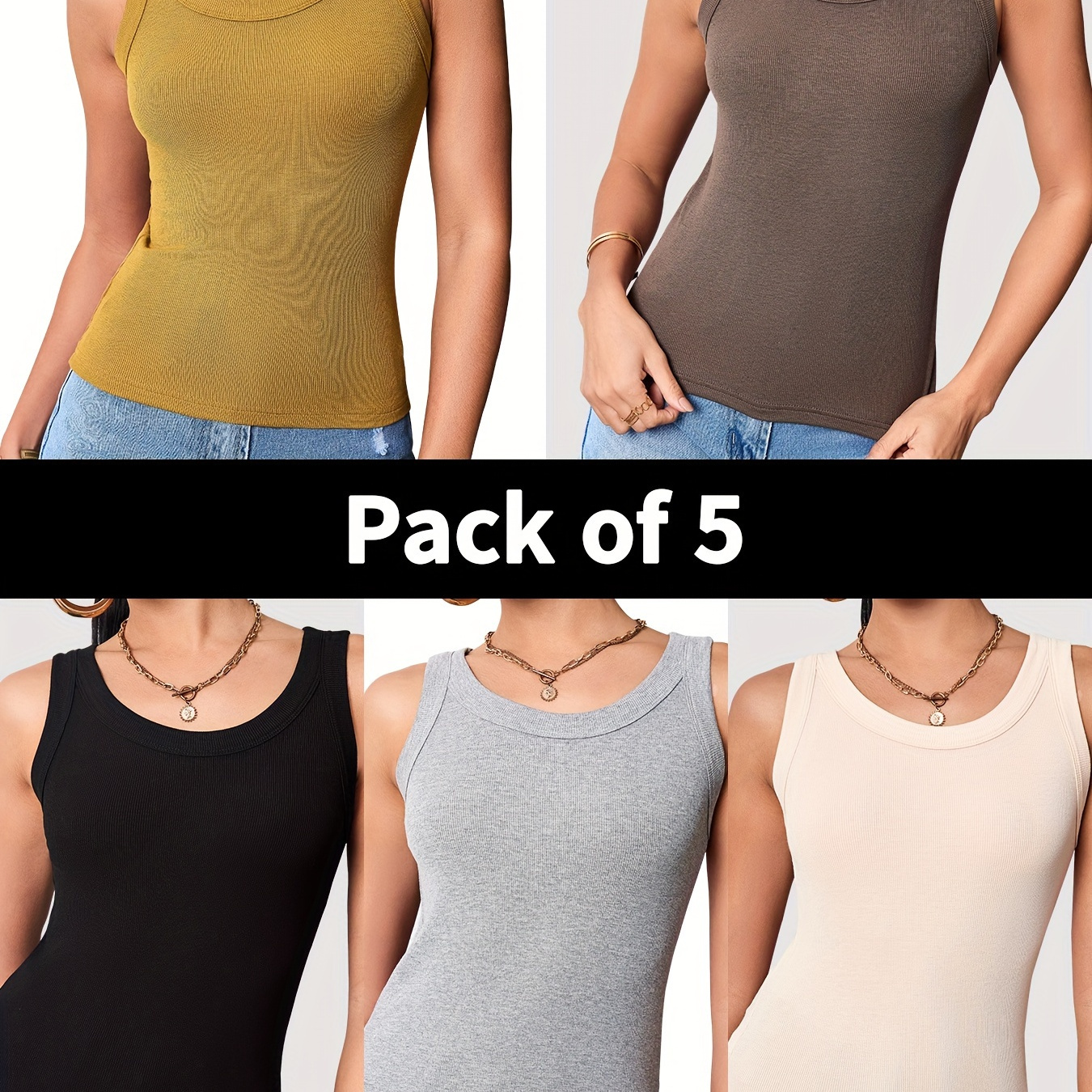 

5 Pieces Of Women's Camisole Tank Tops For Casual Sports Outerwear, Sleeveless Base Shirt With Mixed Colors, Wide Straps, And Beautiful Back Design For Layering