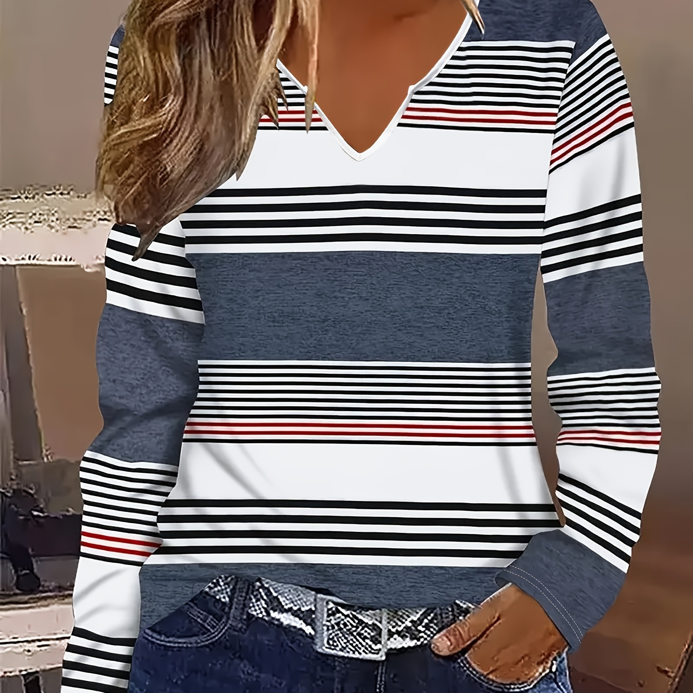 Maglia In Jersey A Maniche Lunghe - Righe Blu Navy/bianco - DONNA | H