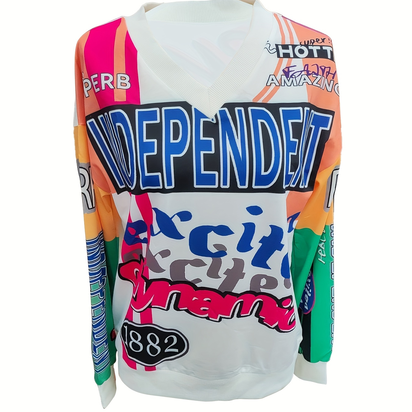 

Y2k Style V-neck Sweatshirt With Design, Polyester Knit Fabric, Alphabet Pattern, Autumn/winter Collection - Hf662